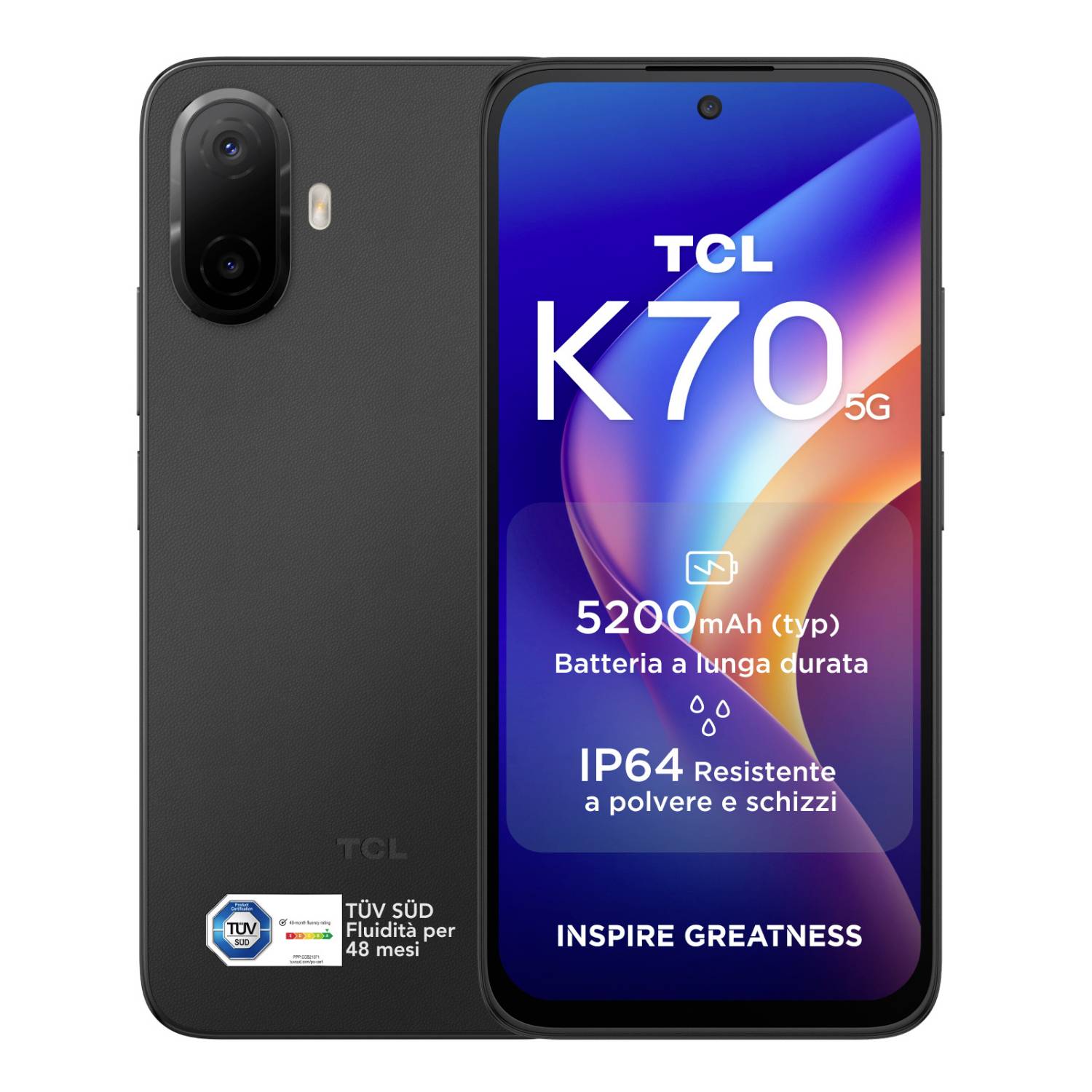 Vorder- und Rückansicht eines TCL K70 5G Smartphones, das das Display mit '5200 mAh' Akku, 'IP64' Staub- und Spritzwasserschutz und 'INSPIRE GREATNESS' zeigt.