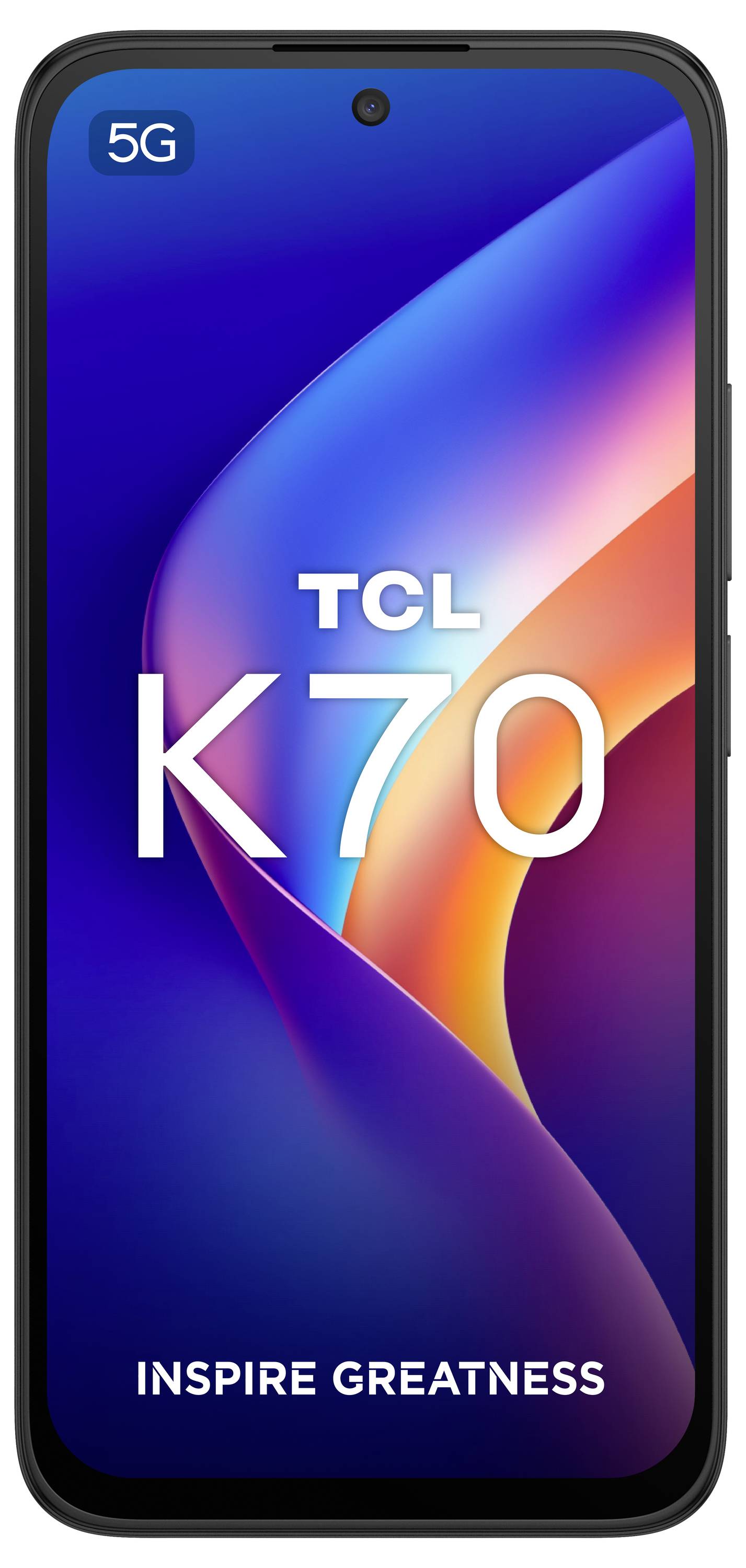 Frontansicht eines TCL K70 5G Smartphones mit einem farbenfrohen abstrakten Hintergrund und dem Slogan „INSPIRE GREATNESS" auf dem Bildschirm.