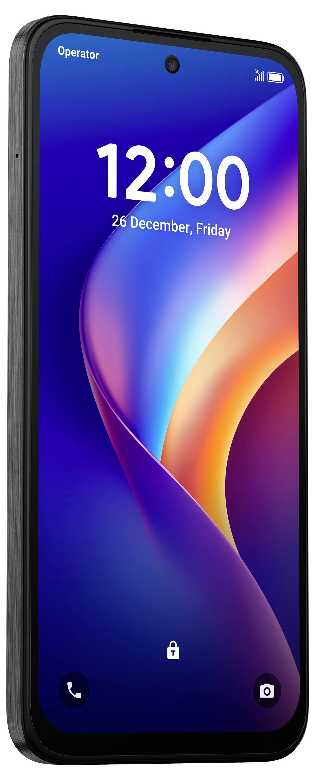 Ein Smartphone-Sperrbildschirm zeigt 12:00 und „26. Dezember, Freitag" auf einem farbenfrohen abstrakten Hintergrund an, mit Telefon- und Kamerasymbolen am unteren Rand.