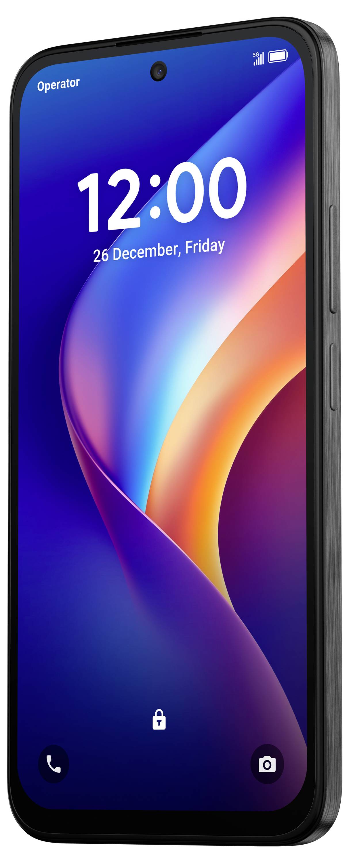 Ein schwarzes Smartphone aufrecht angezeigt mit aktiviertem Sperrbildschirm, auf dem 12:00 Uhr, "26. Dezember, Freitag", ein Batteriesymbol und Verknüpfungen für Telefon und Kamera angezeigt werden.