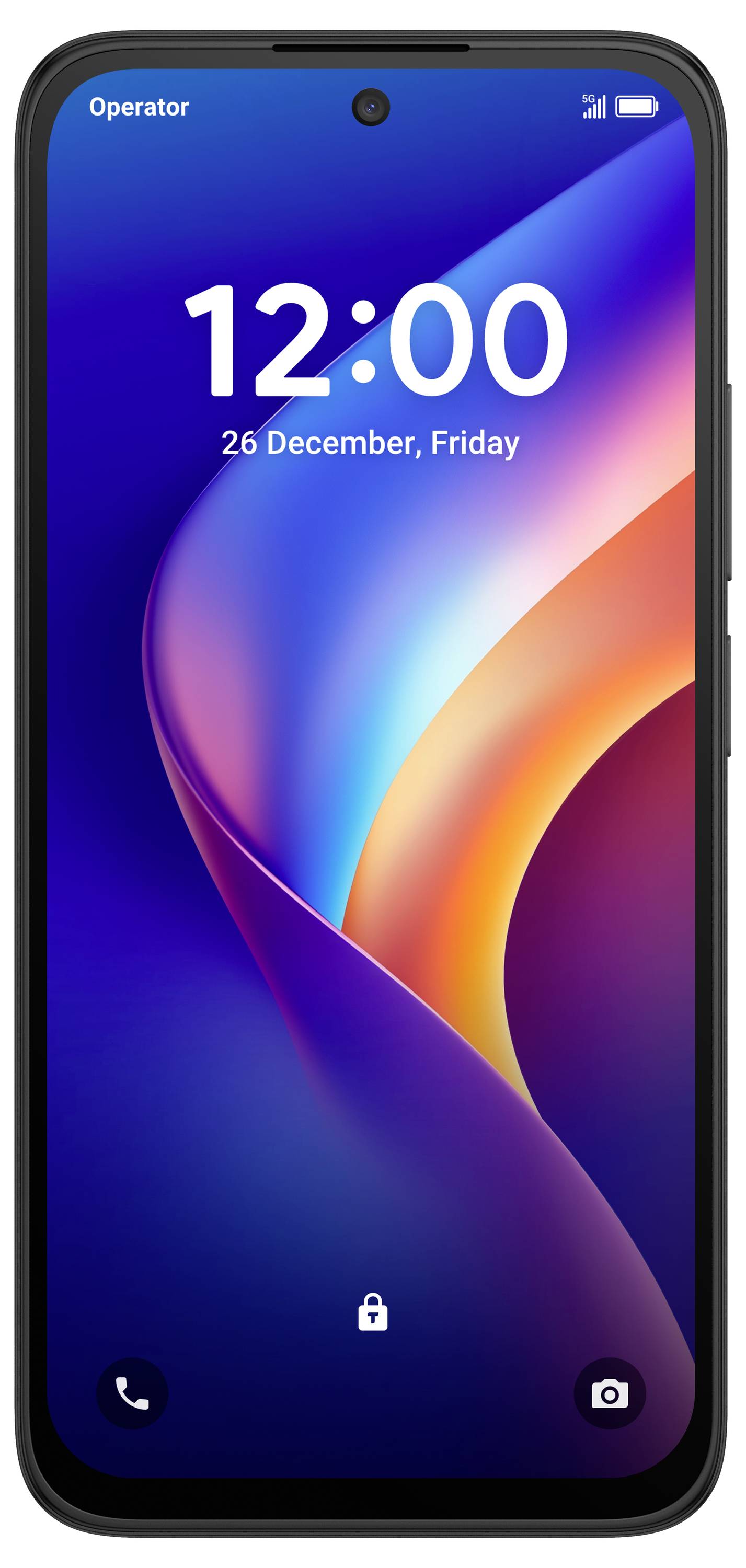 Smartphone-Sperrbildschirm mit 12:00 und „26. Dezember, Freitag" auf einem farbenfrohen abstrakten Hintergrund mit Telefon- und Kamera-Shortcut-Symbolen.