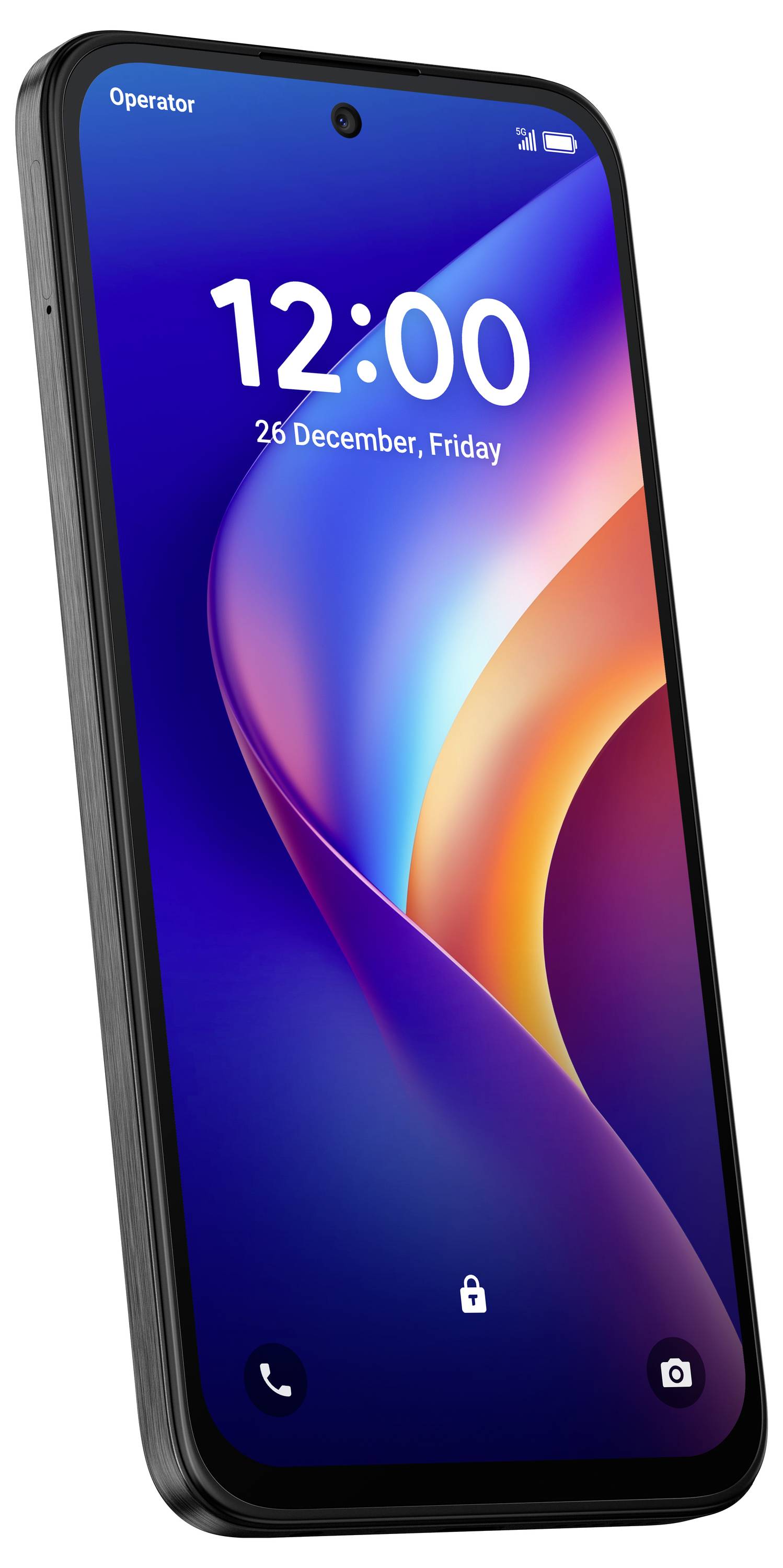 Ein Smartphone-Sperrbildschirm zeigt 12:00 und „26. Dezember, Freitag" auf einem farbenfrohen abstrakten Hintergrundbild an, mit Telefon- und Kamerasymbolen am unteren Rand.