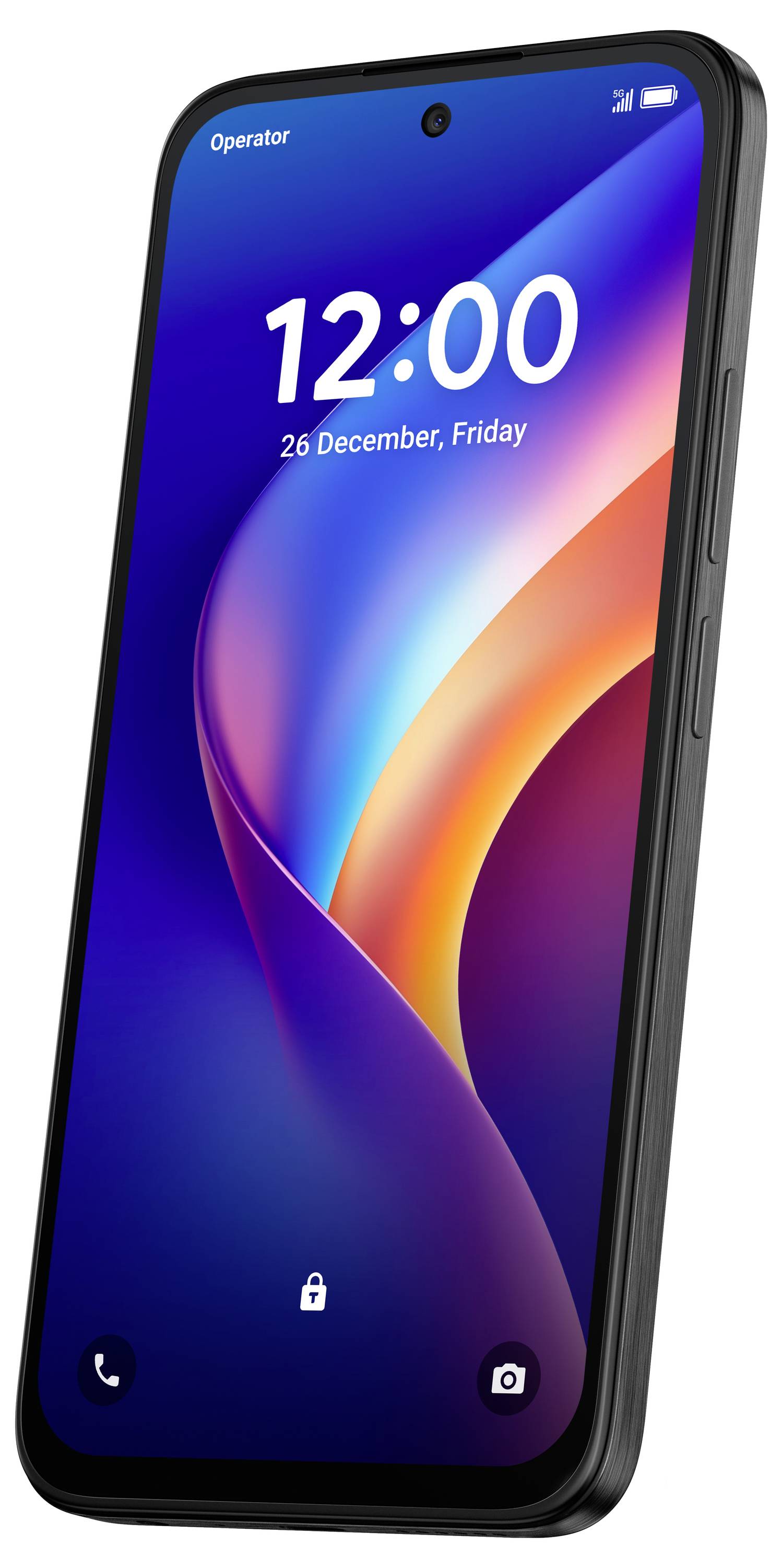 Ein schwarzes Smartphone zeigt einen farbenfrohen Sperrbildschirm mit der Uhrzeit 12:00 und dem Datum 26. Dezember, Freitag.