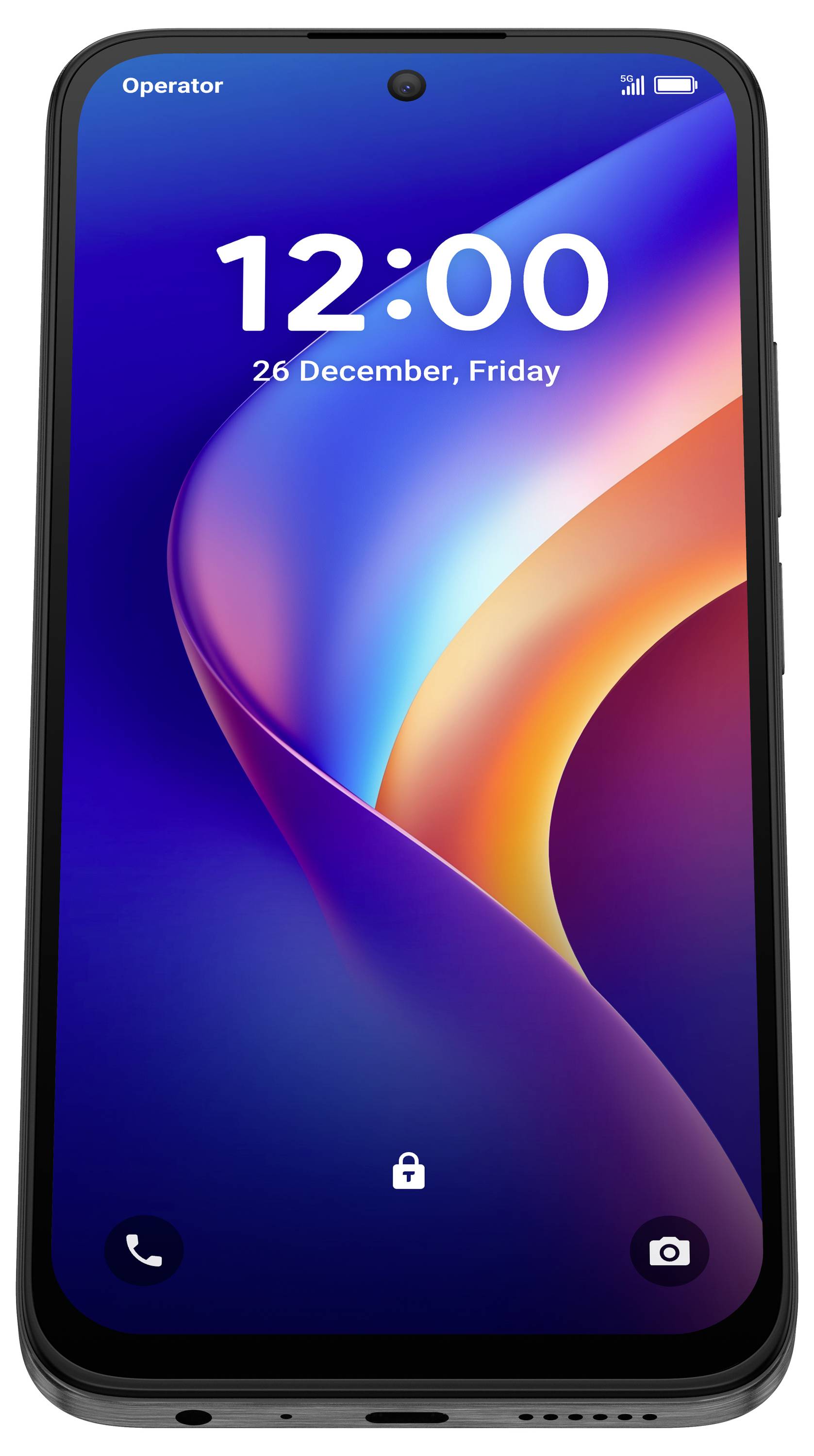 Smartphone-Sperrbildschirm mit 12:00 Uhr und „26. Dezember, Freitag" auf einem farbenfrohen abstrakten Hintergrund, mit Telefon- und Kamera-Verknüpfungen am unteren Rand.