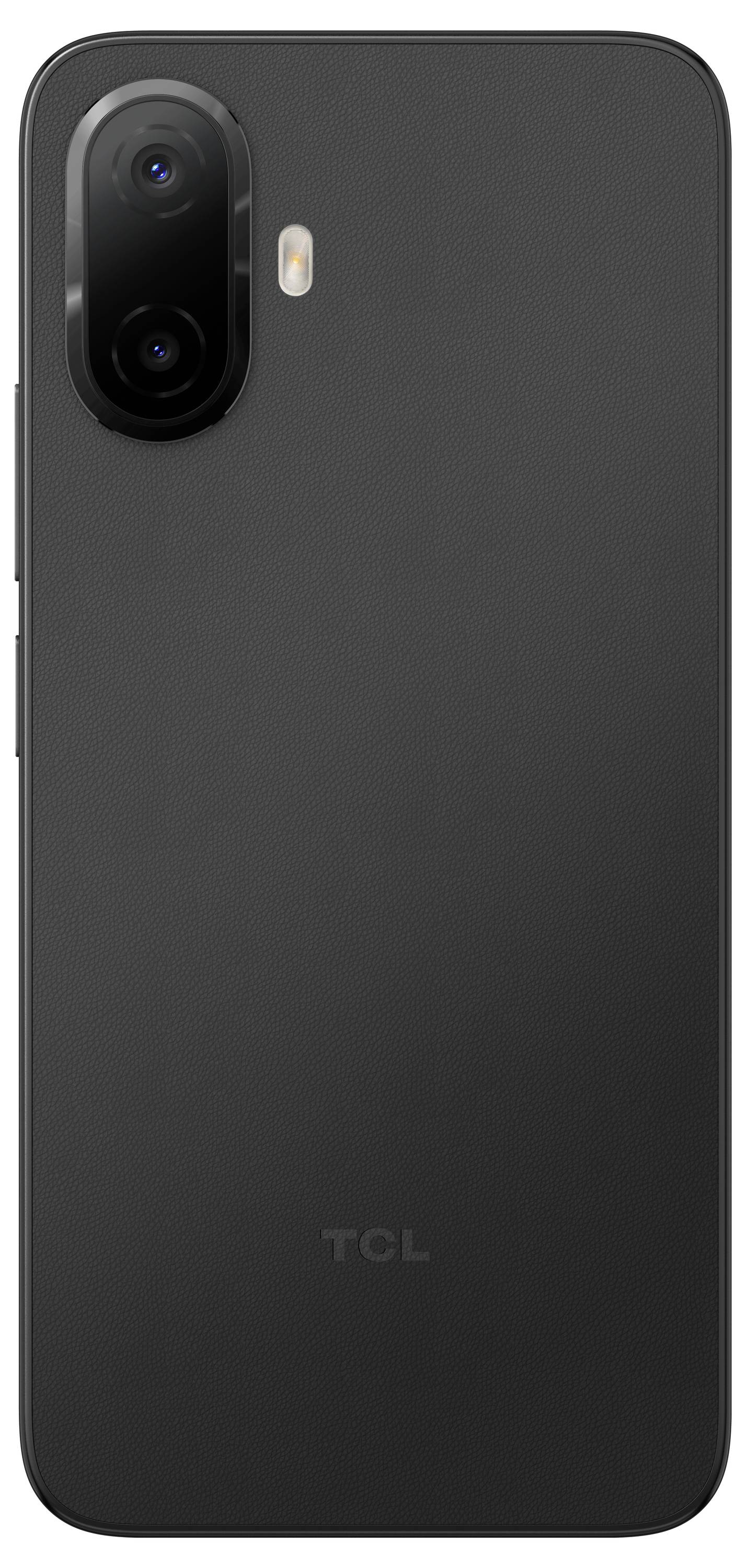 Rückseite eines schwarzen TCL-Smartphones mit Dual-Hauptkameras in einem vertikalen Modul und einem LED-Blitz in der Nähe der oberen linken Ecke.