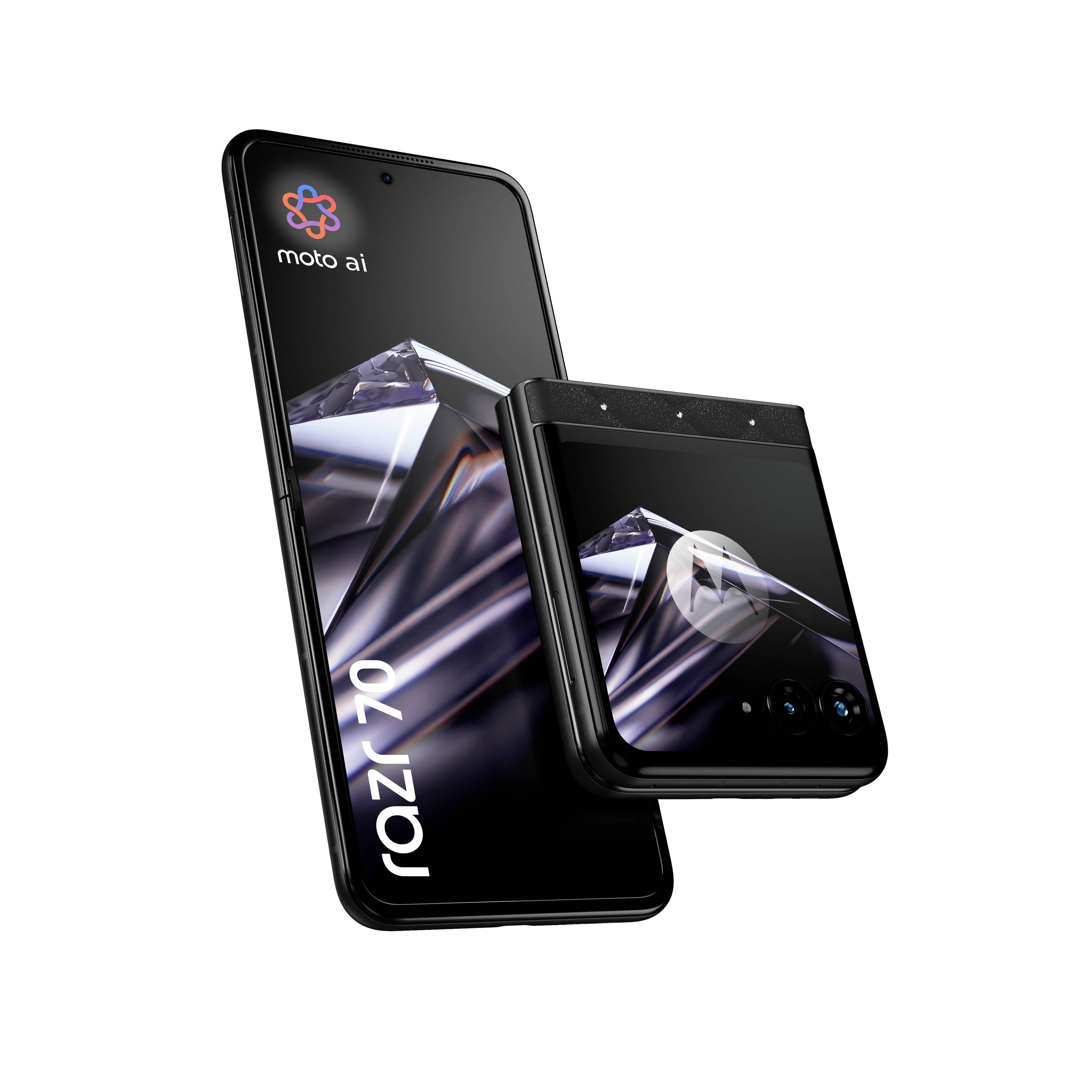 Zwei schwarze Motorola Razr Handys auf weißem Hintergrund, eines aufgeklappt und eines zusammengeklappt, zeigen das 