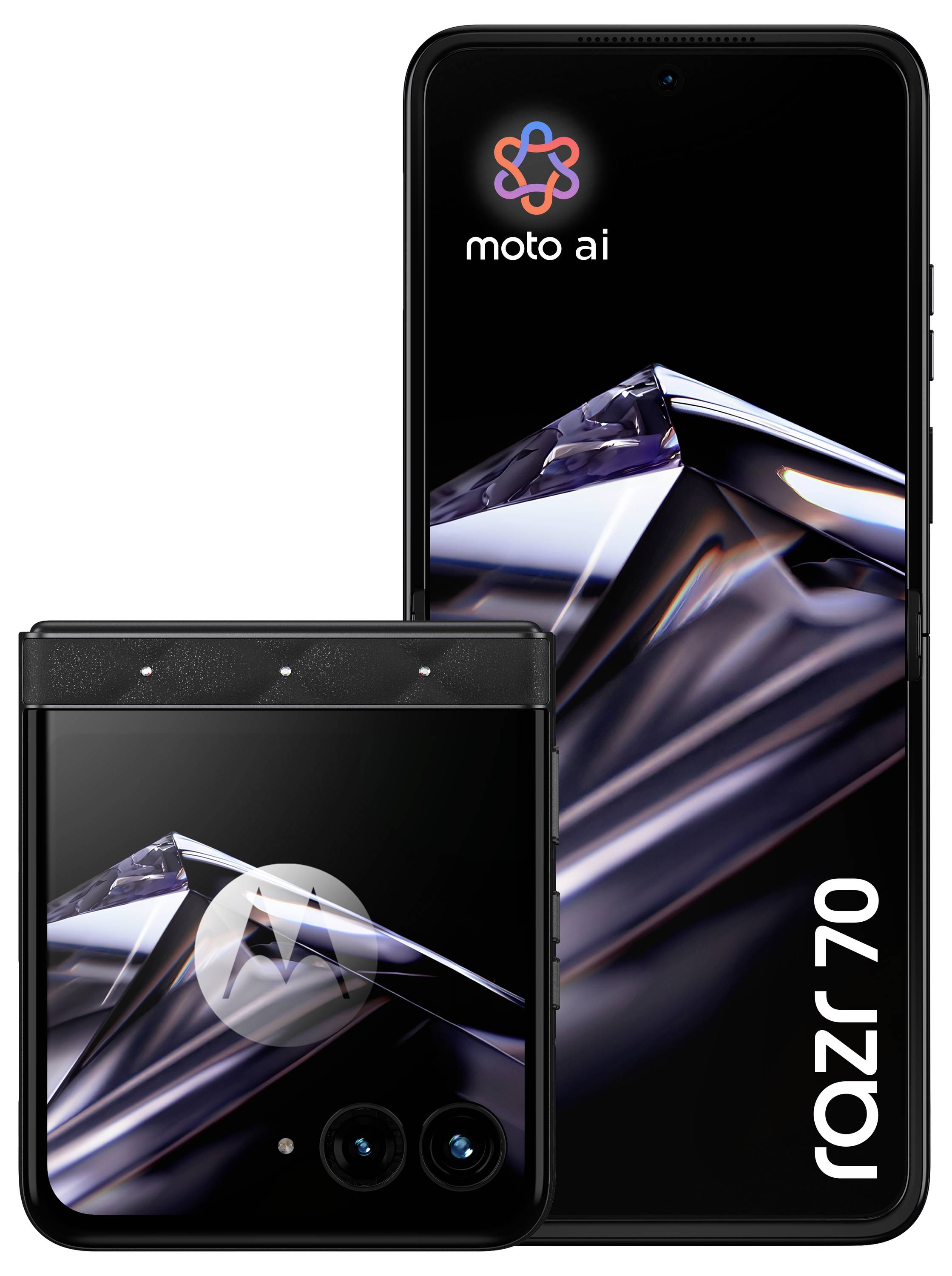 Zwei schwarze faltbare Motorola Razr 70-Telefone, offen und geschlossen dargestellt, mit dem Logo „moto ai" auf dem Hauptbildschirm und der Markenbezeichnung „razr 70" auf der Abdeckung.
