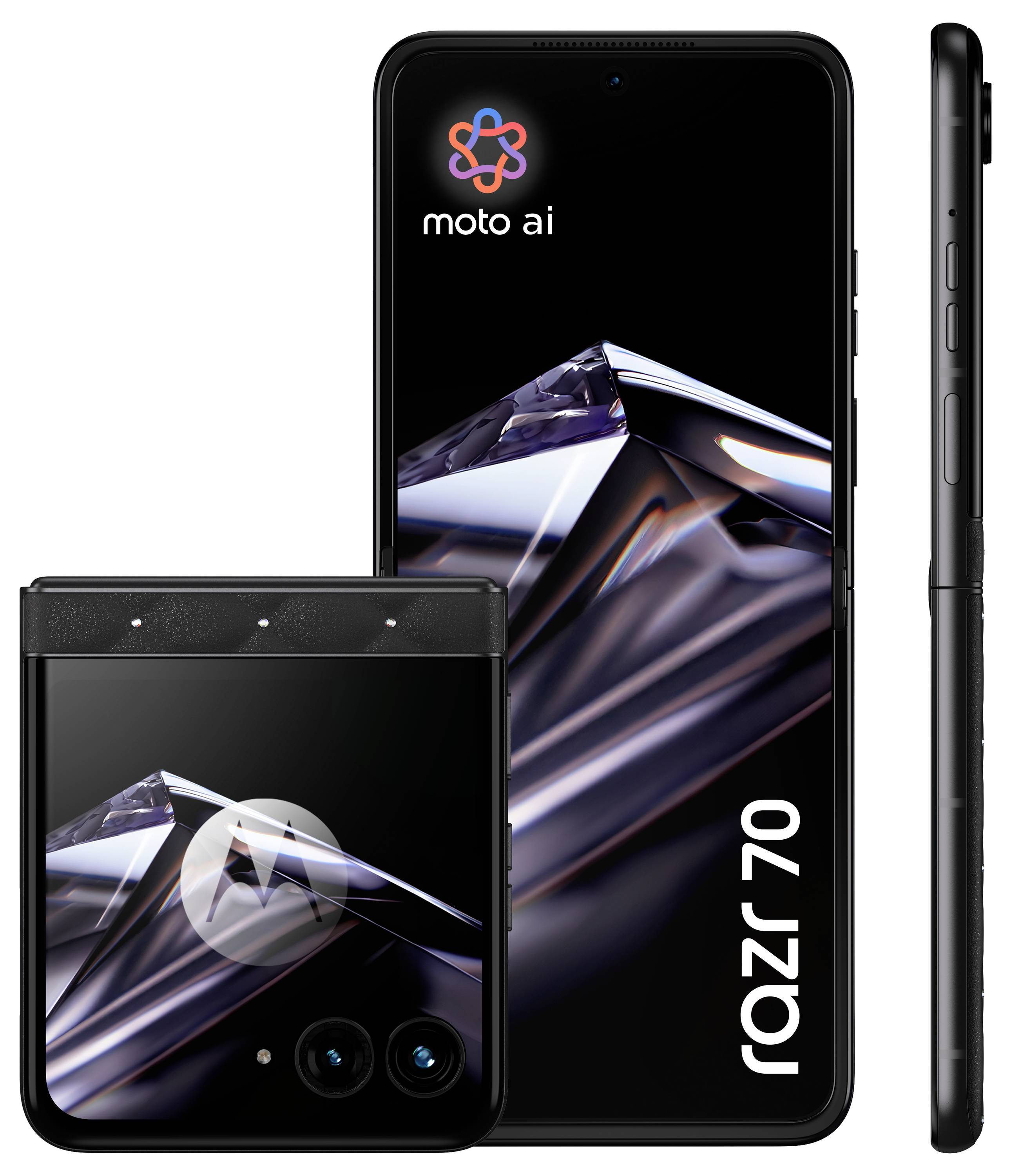 Motorola Razr Falttelefon in offener, geschlossener und Seitenansicht, wobei das faltbare Design und die Moto AI-Branding hervorgehoben werden.