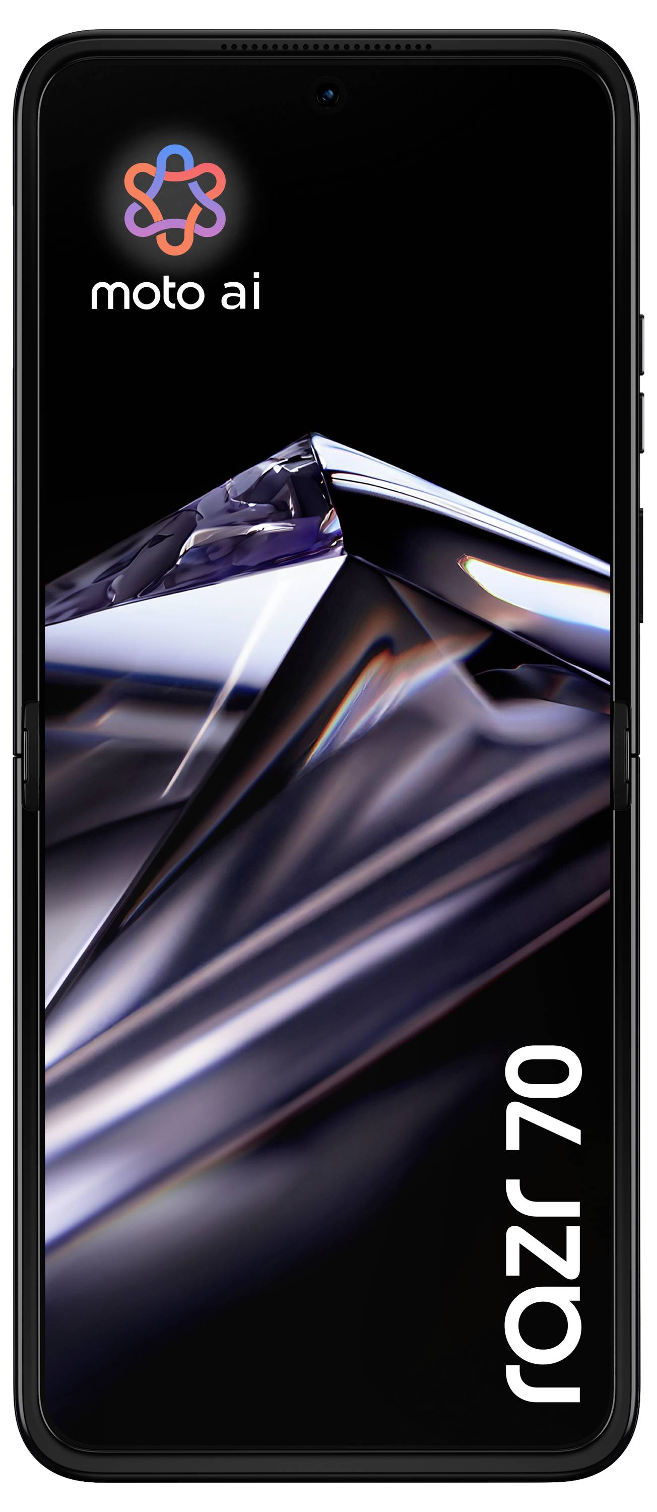 Motorola-Telefon Vorderansicht mit "moto ai"-Logo und dem Wort "razr" auf einem glänzenden abstrakten Bildschirm.