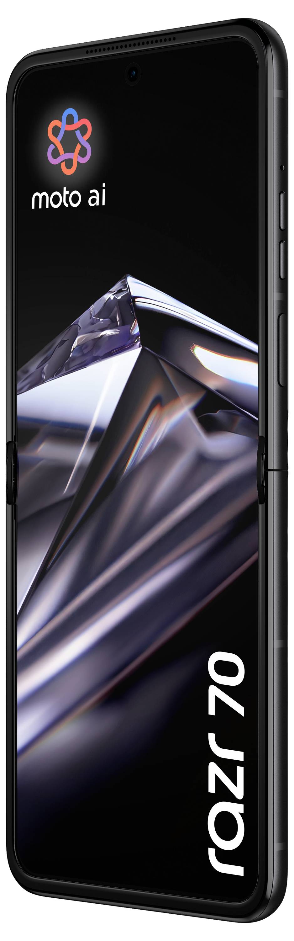 Ein schwarzes Motorola-Smartphone, das das Logo "moto ai" und das Wort "razr 50" auf seinem faltbaren Bildschirm anzeigt.