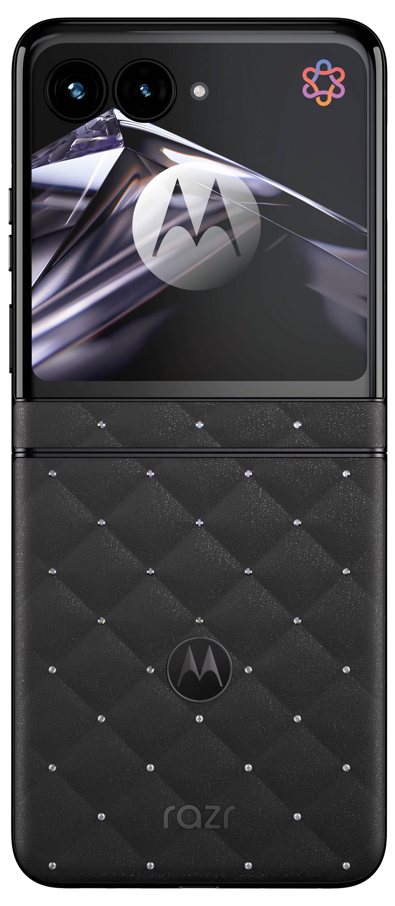 Vorder- und Rückansicht eines schwarzen faltbaren Motorola Razr Telefons, die das Kameramodul und das zusammengefaltete Design zeigen.