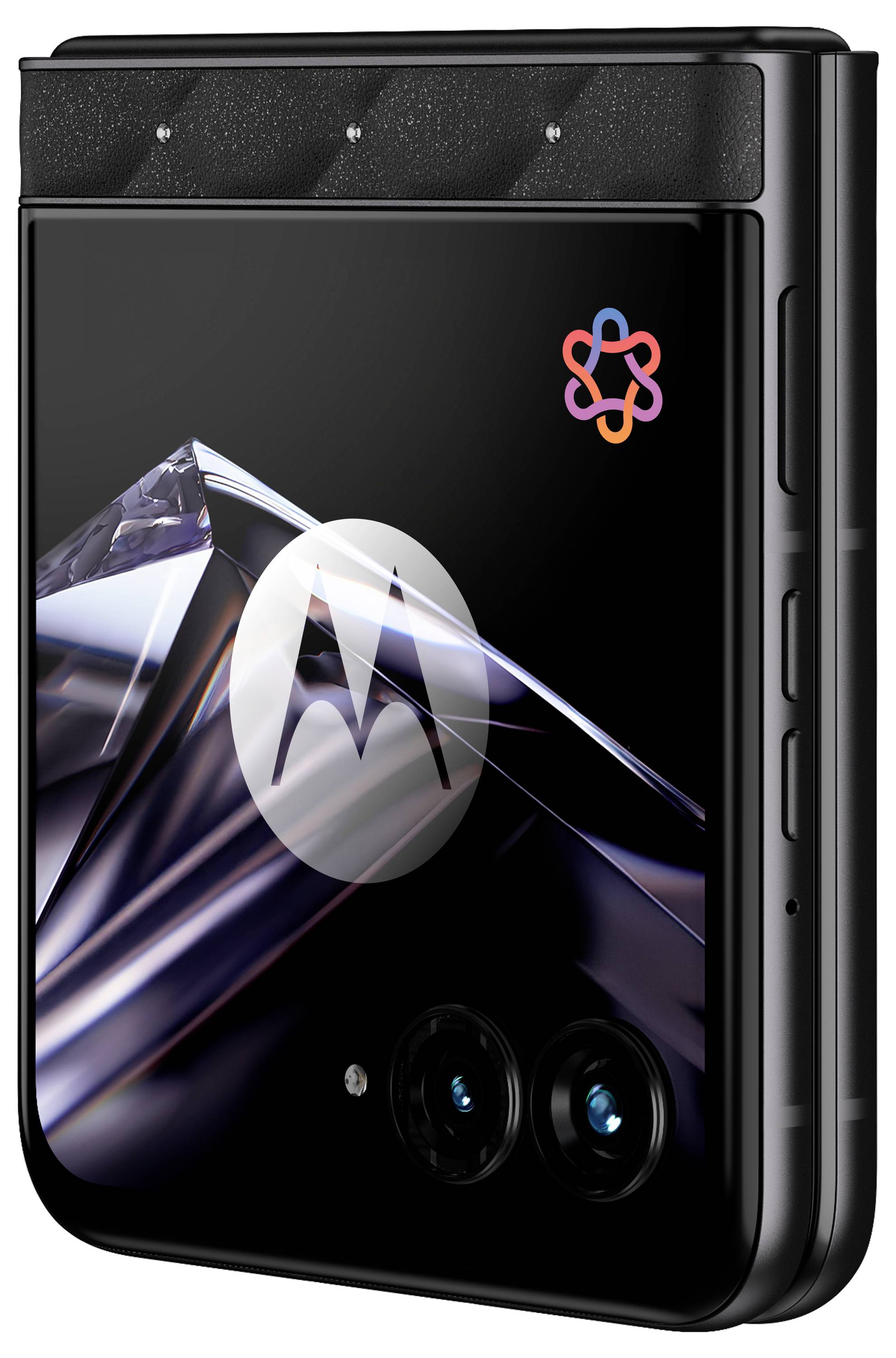 Zusammengeklapptes faltbares Smartphone, mit glänzendem schwarzem Äußeren, sichtbarem Scharnier, dualen Rückfahrkameras und einem farbenfrohen Logo auf dem Abdeckdisplay.
