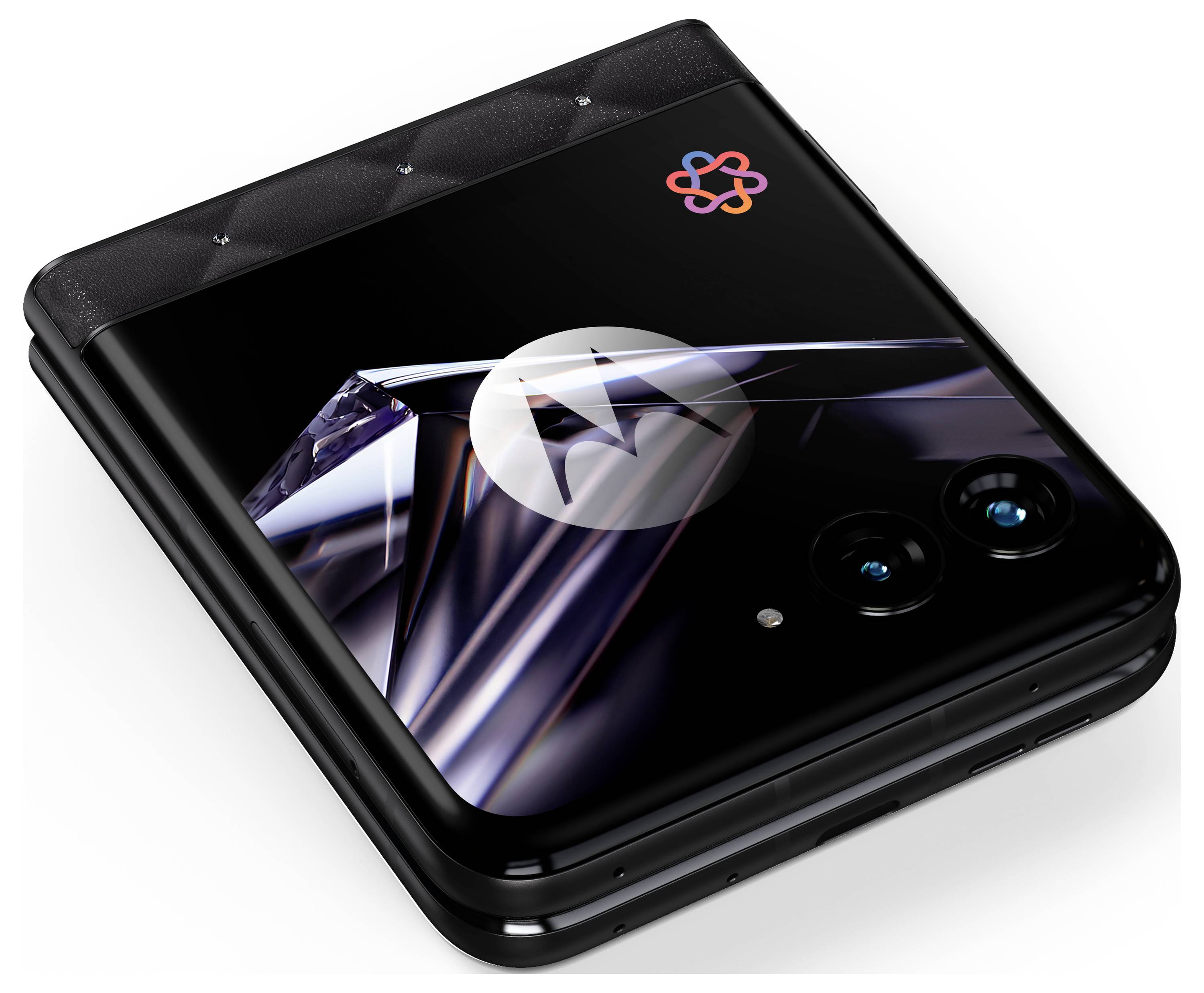 Ein schwarzes faltbares Smartphone, das teilweise geöffnet ist, mit dualen Rückkameras, einem kleinen Cover-Display und einer glänzenden abstrakten Tapete auf dem Hauptbildschirm.