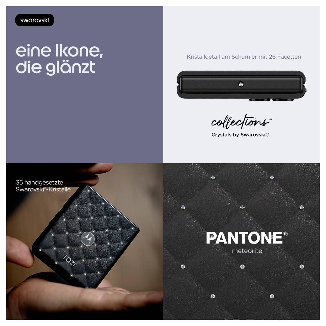 Swarovski-Anzeige für eine schwarze „Collections"-Clamshell mit 35 handgesetzten Kristallen und einem 26-facettierten Scharnier, gekennzeichnet mit „PANTONE Meteorit" und „eine Ikone, die glänzt".