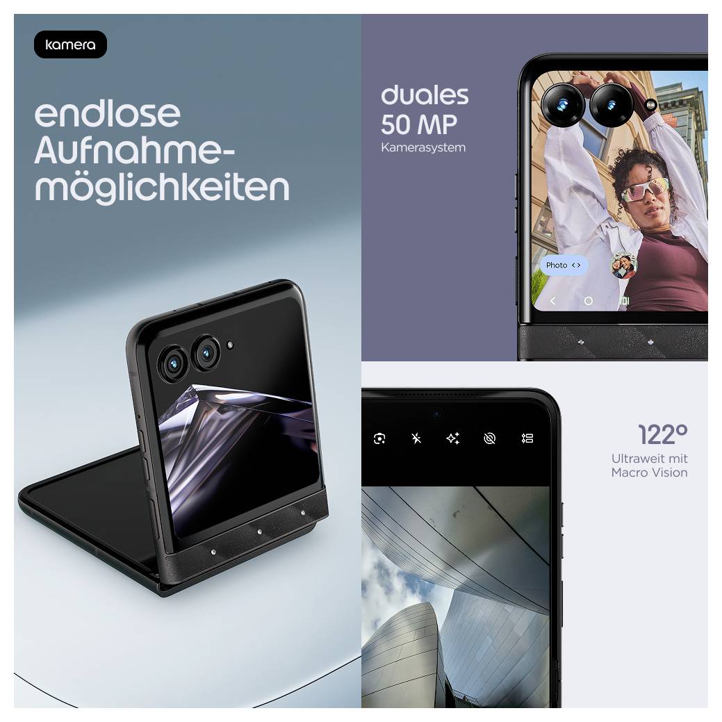 Deutsches Werbebilder für ein faltbares „Kamera"-Telefon mit Hervorhebung von „endlosen Aufnahme-Möglichkeiten", ein duales 50-MP-Kamerasystem und 122° Ultra-Weitwinkel-Makrovision.