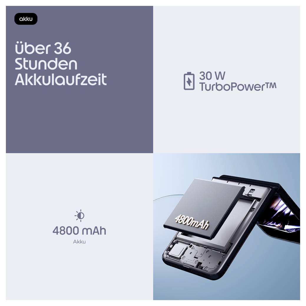 Werbegrafikfür ein Akku-Telefon mit einer Akkulaufzeit von über 36 Stunden, 30W TurboPower und einem 4800-mAh-Akku mit einer Schnittansicht-Telefonillustration.
