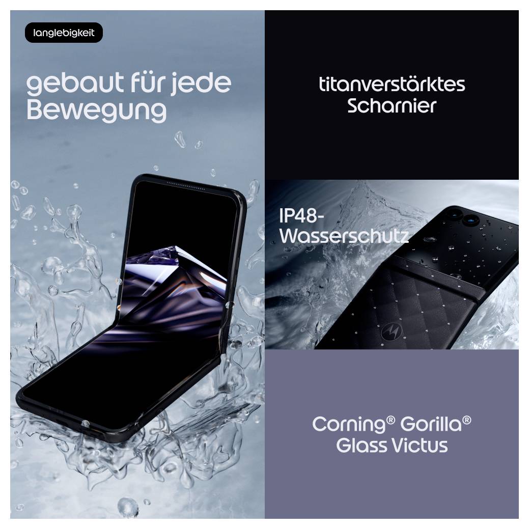 Faltbares Smartphone mit Wasserspritzern, das Haltbarkeitsfunktionen hervorhebt: IP48-Wasserschutz, titaniumverstärktes Scharnier und Corning Gorilla Glass Victus.