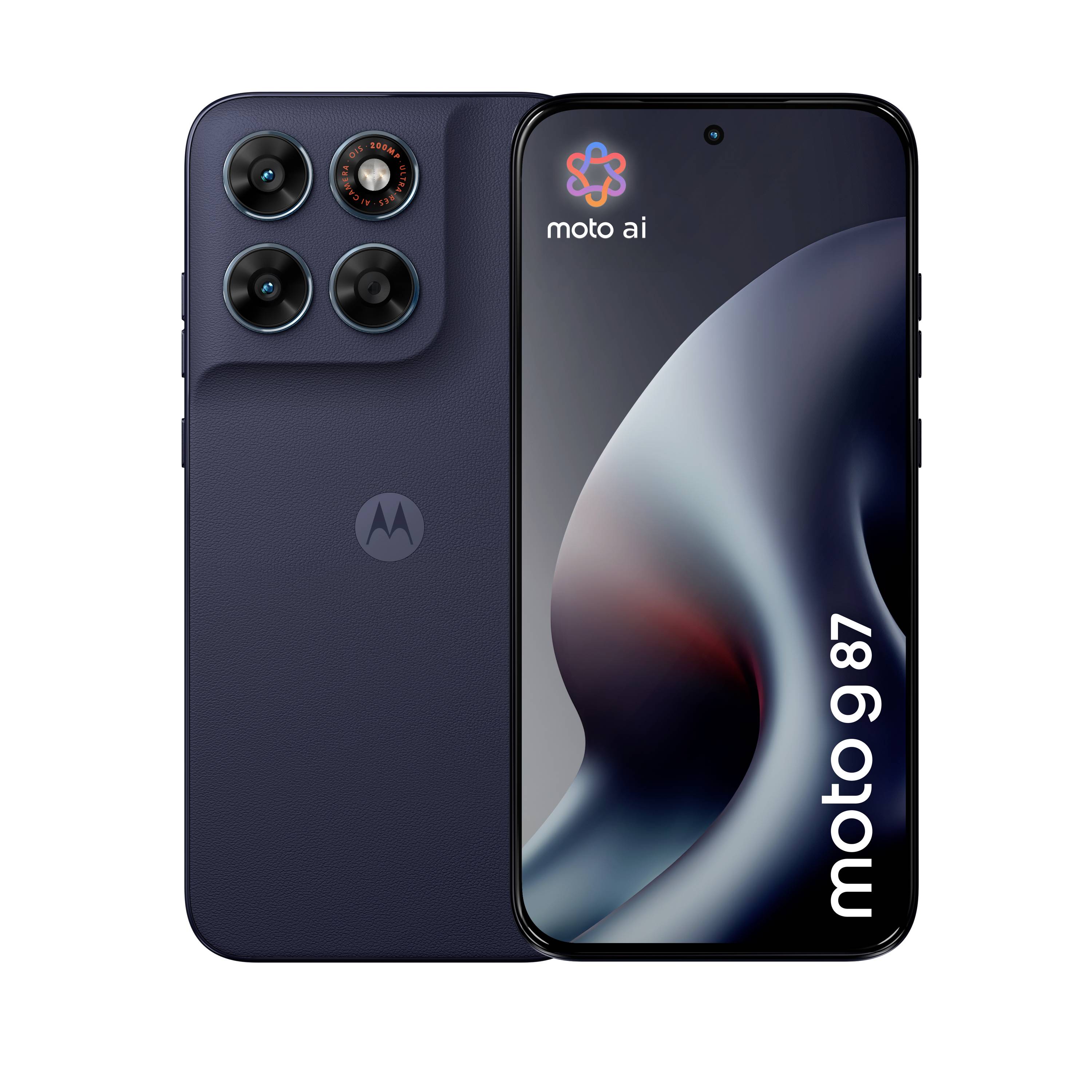 Motorola-Smartphone von vorne und hinten gezeigt, mit „moto ai