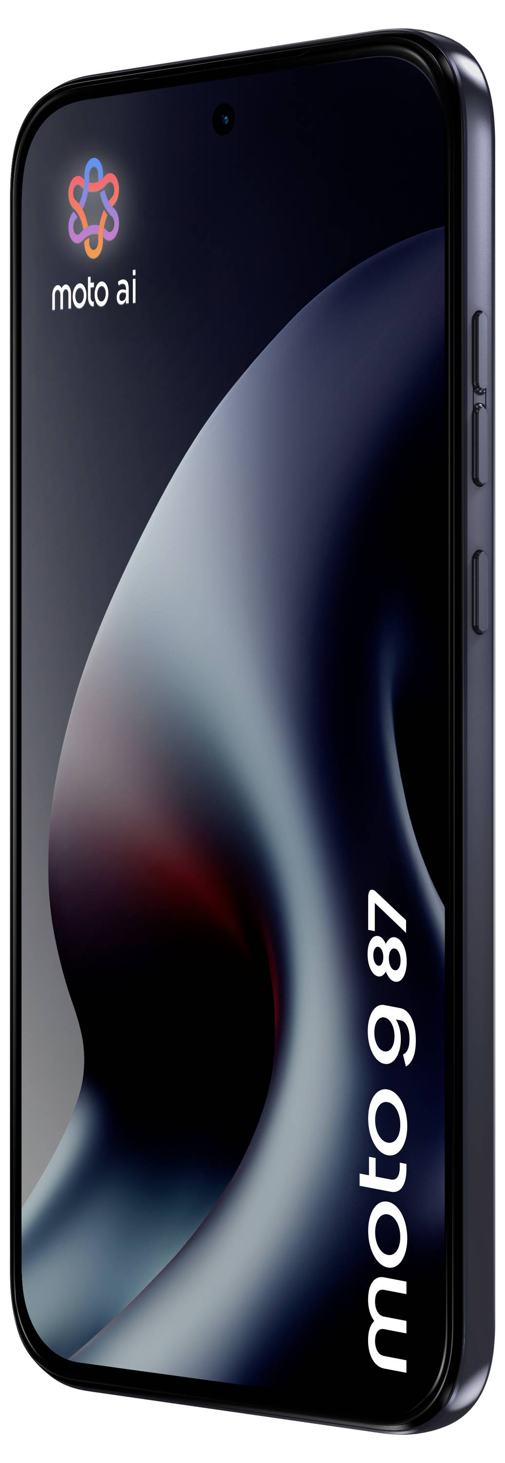Ein schwarzes Moto AI-Smartphone, von vorne gezeigt, mit einem glänzenden abstrakten Hintergrundbild und dem Text „moto ai" und „moto 9 87" auf dem Bildschirm.