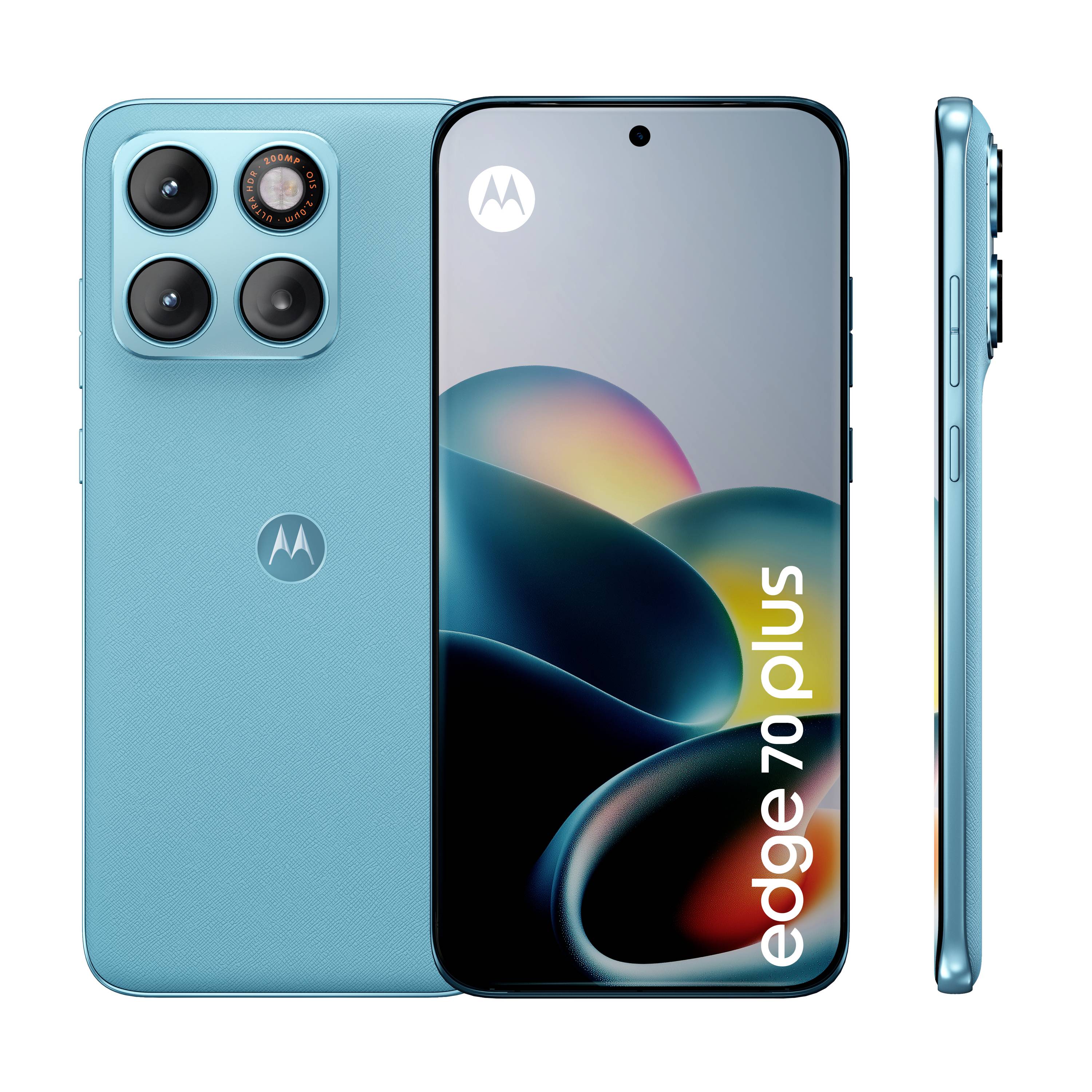 Front-, Rück- und Seitenansichten eines türkisfarbenen Motorola Edge 70 Plus Smartphones mit dreifacher Rückfahrtkamera und dem Display des Telefons mit dem Text 