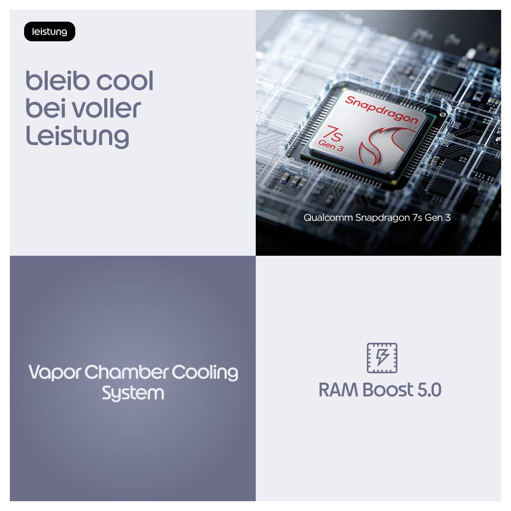 Promotional Grafik für Qualcomm Snapdragon 7s Gen 3 mit Hervorhebung von „bleib cool bei voller Leistung", Vapor Chamber Cooling System und RAM Boost 5.0.