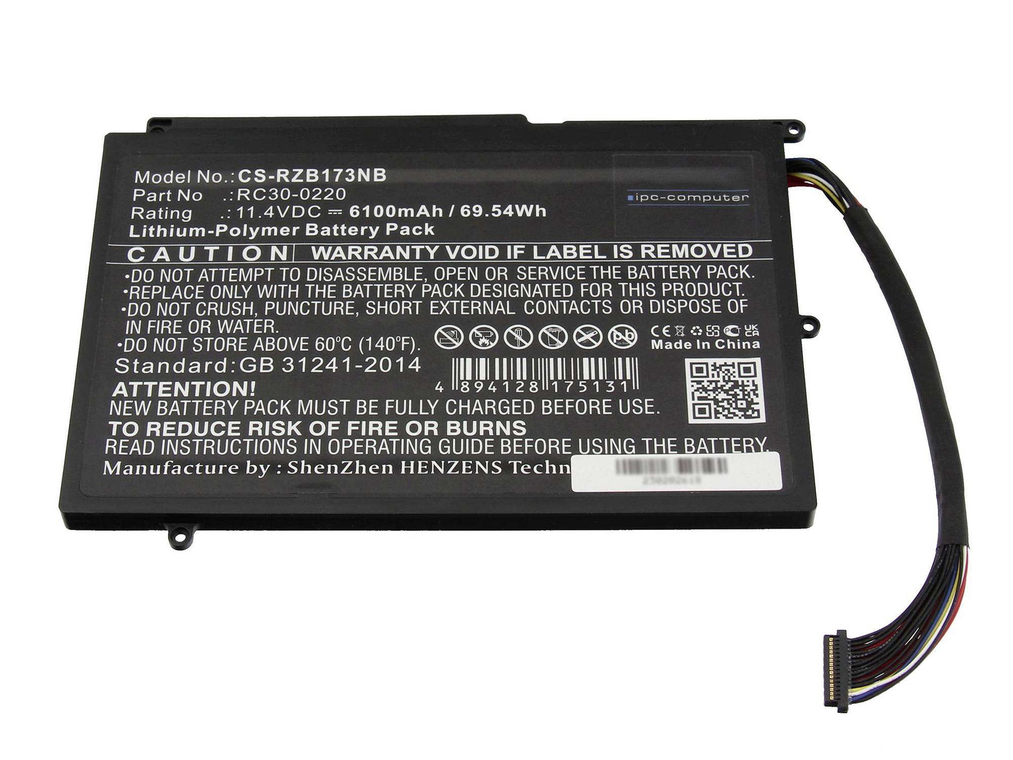 Schwarzes Laptop-Akkupack mit angelegtem Kabel und Warnschild, das Spezifikationen und Sicherheitsanweisungen anzeigt.