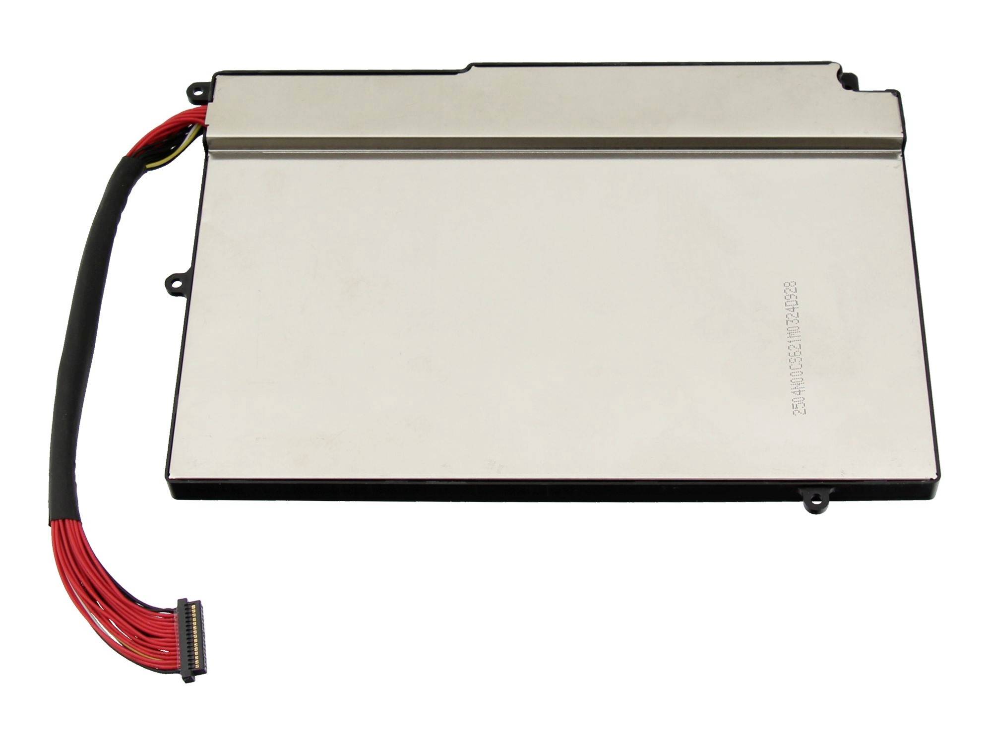Rechteckiges silbernes elektronisches Modul mit angebrachtem rotem und schwarzem Kabelbaum und Stecker, auf weißem Hintergrund dargestellt.