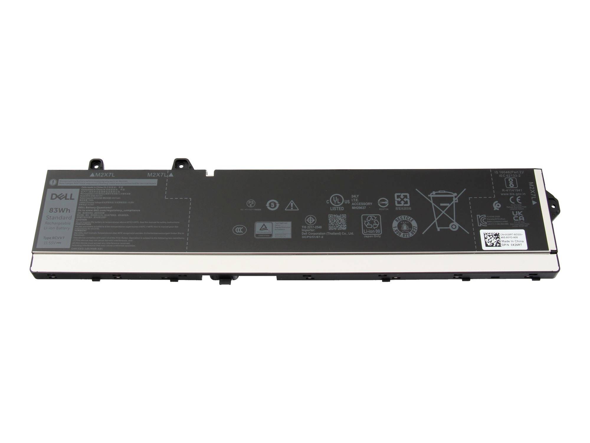 Dell 83Wh Laptop-Akku von hinten gezeigt, ein langer schwarzer rechteckiger Ersatzakku mit Warn- und Recycling-Symbolen.