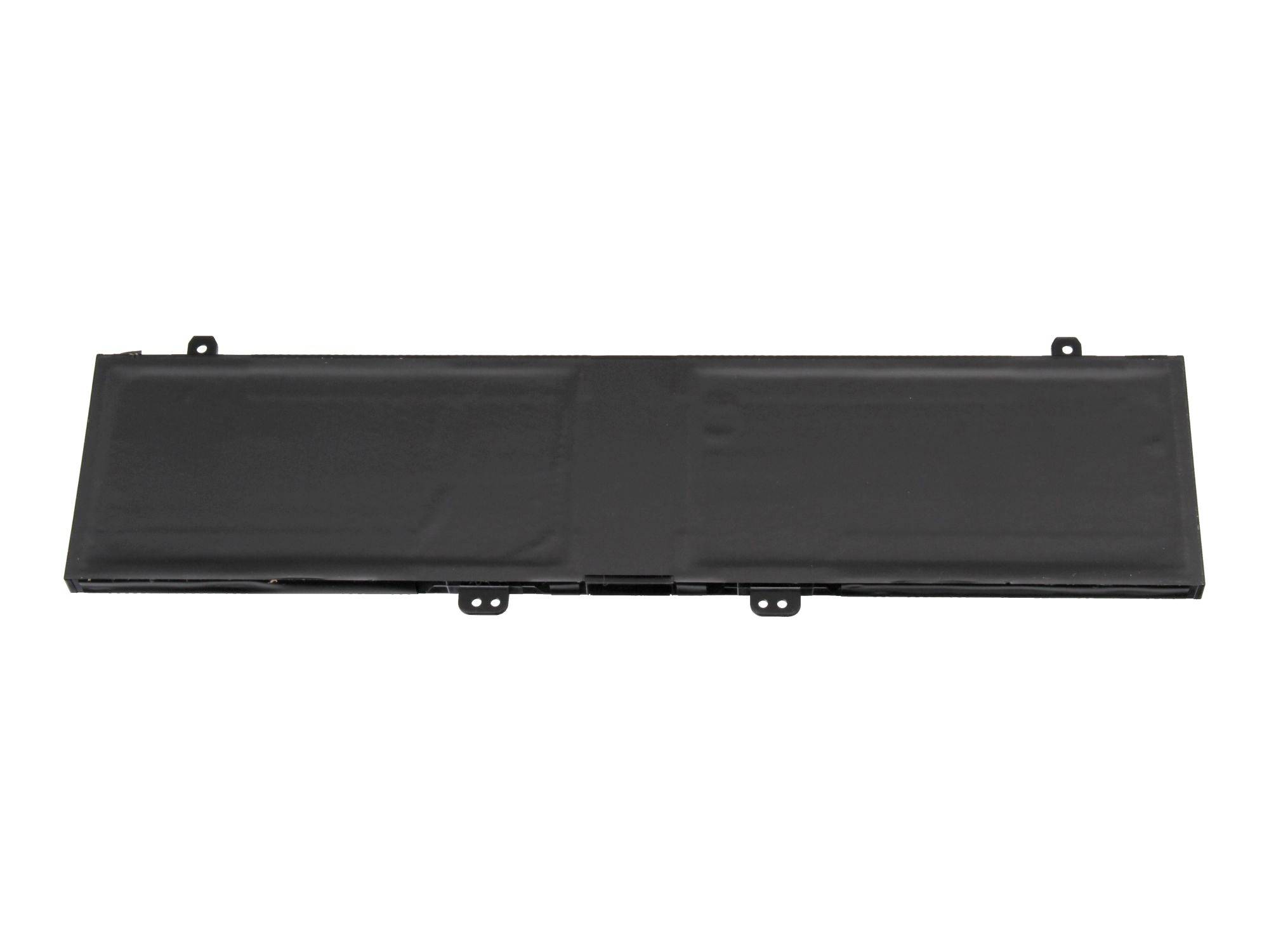 Schwarzes rechteckiges elektronisches Batteriepack mit Befestigungslaschen auf weißem Hintergrund.