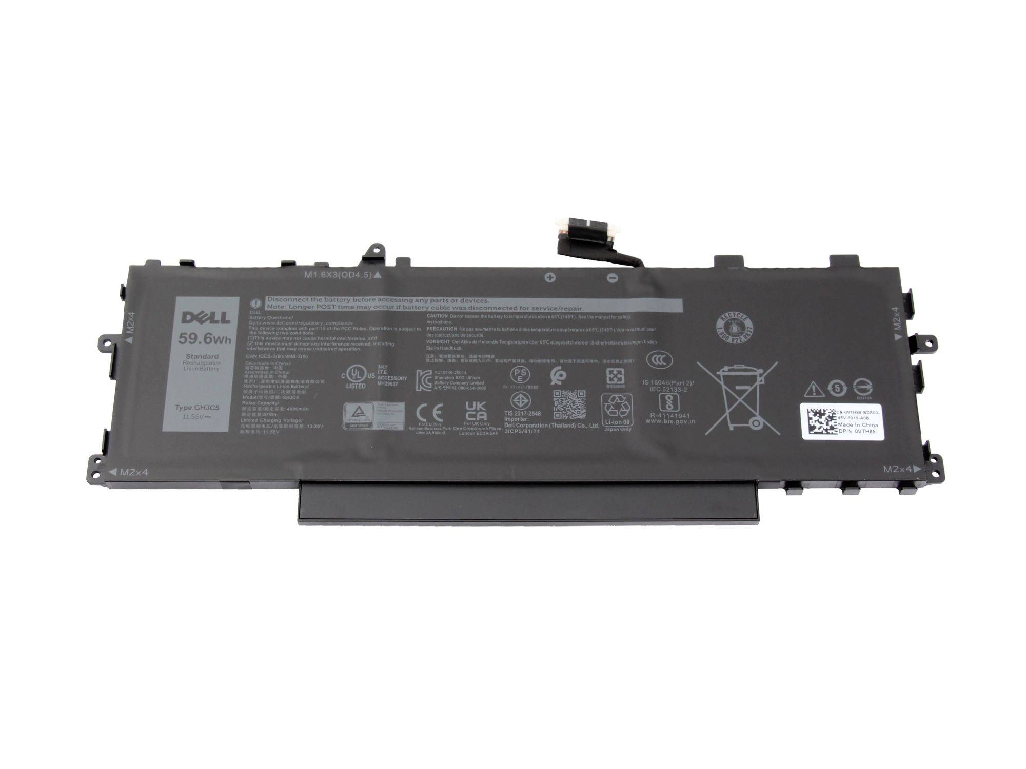 Schwarzes Dell-Laptop-Akku-Pack auf weißem Hintergrund, mit sichtbarem Etikettentext und Stecker.