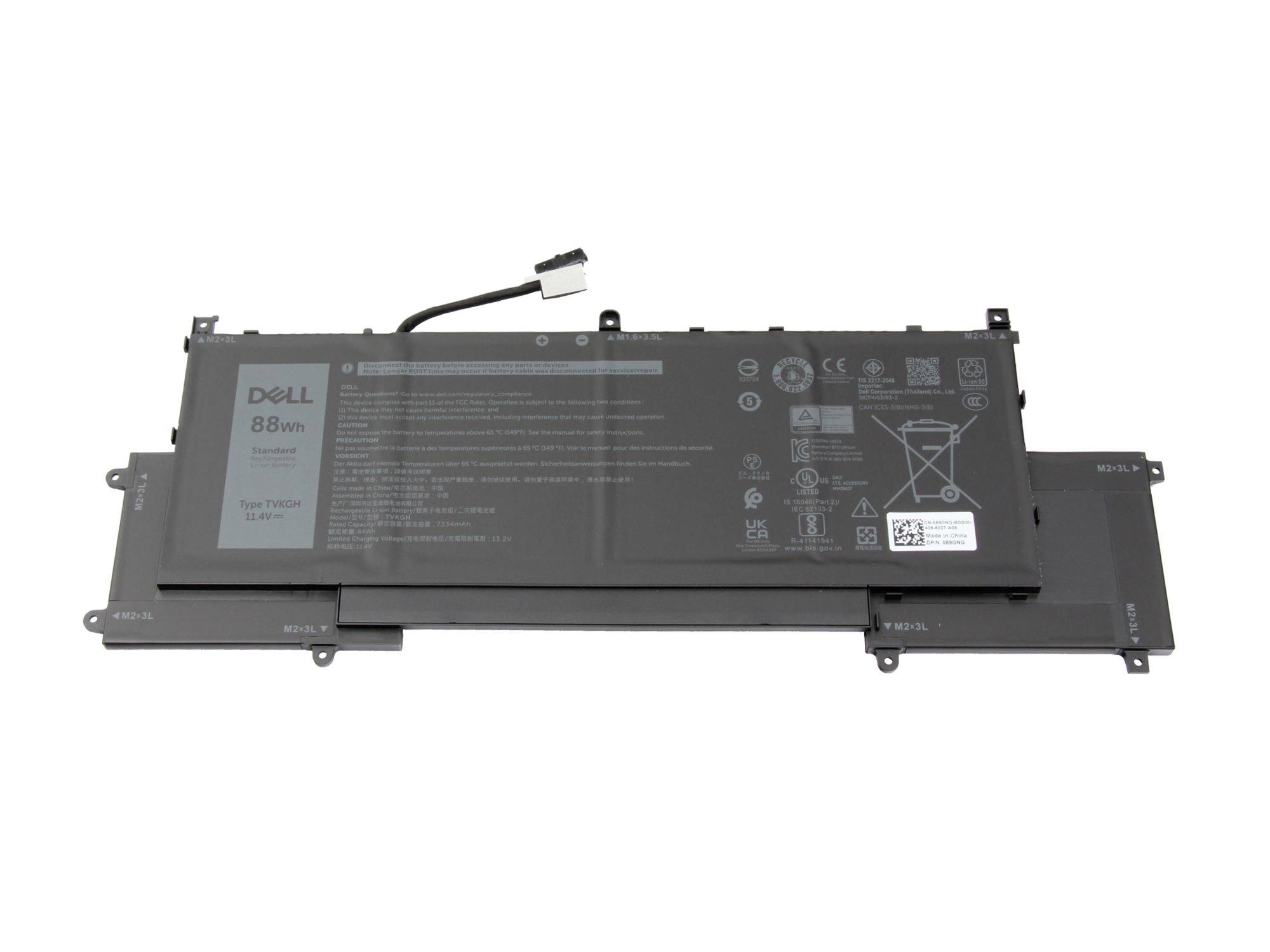 Dell 88Wh Laptop-Akku mit Verbindungskabel, auf weißem Hintergrund dargestellt.