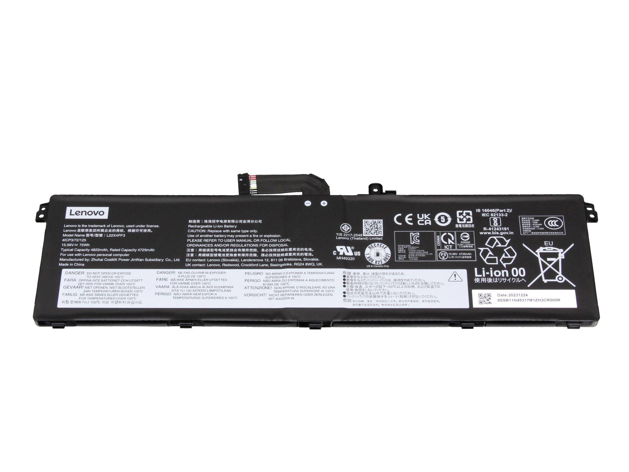 Lenovo Lithium-Ionen-Laptop-Akku mit gedruckten Sicherheits- und Zertifizierungsetiketten auf weißem Hintergrund.