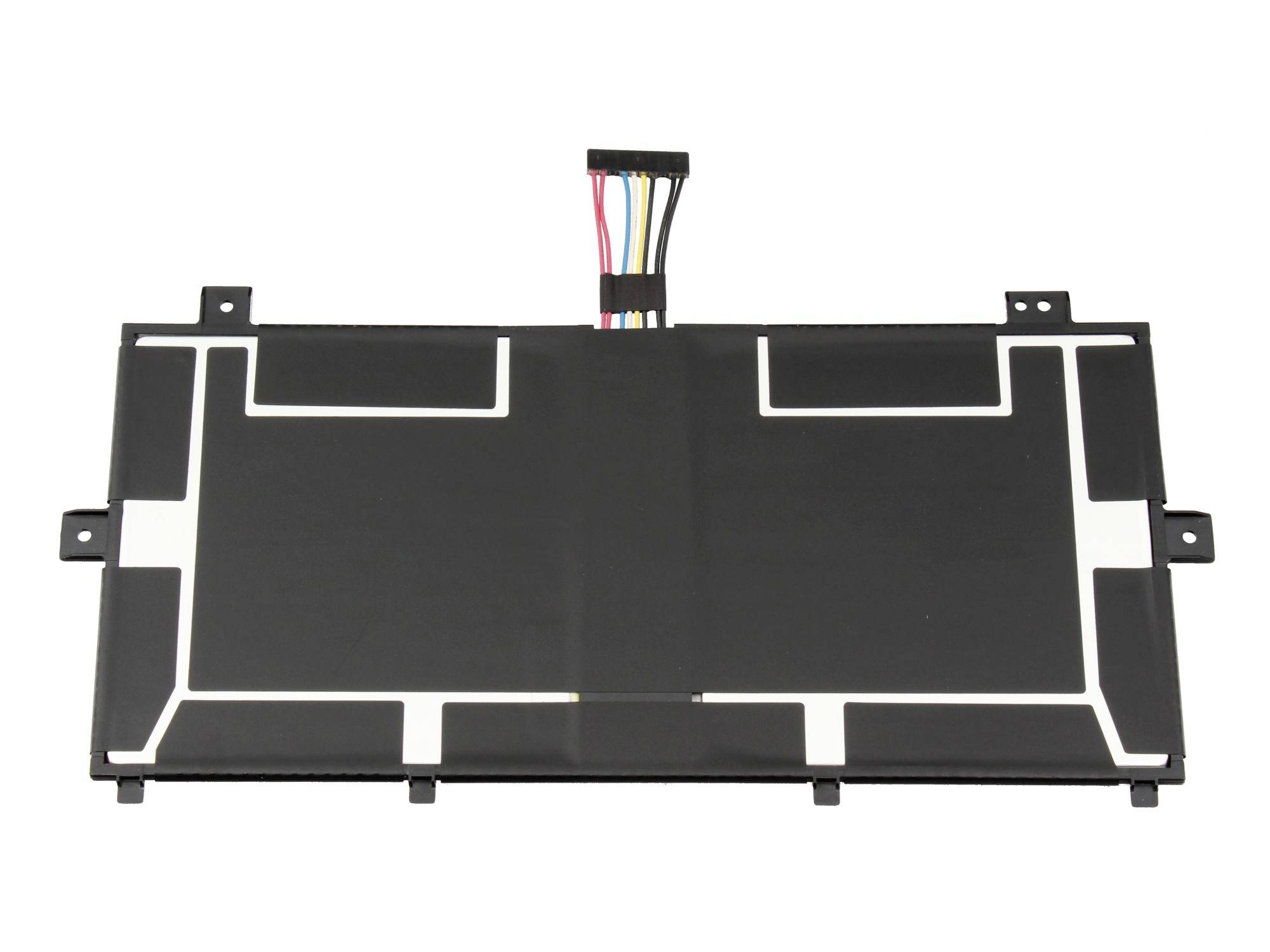 Schwarzes rechteckiges elektronisches Panel oder Touchscreen-Baugruppe mit angebrachtem mehrfarbigem Kabelstrang, dargestellt auf weißem Hintergrund.