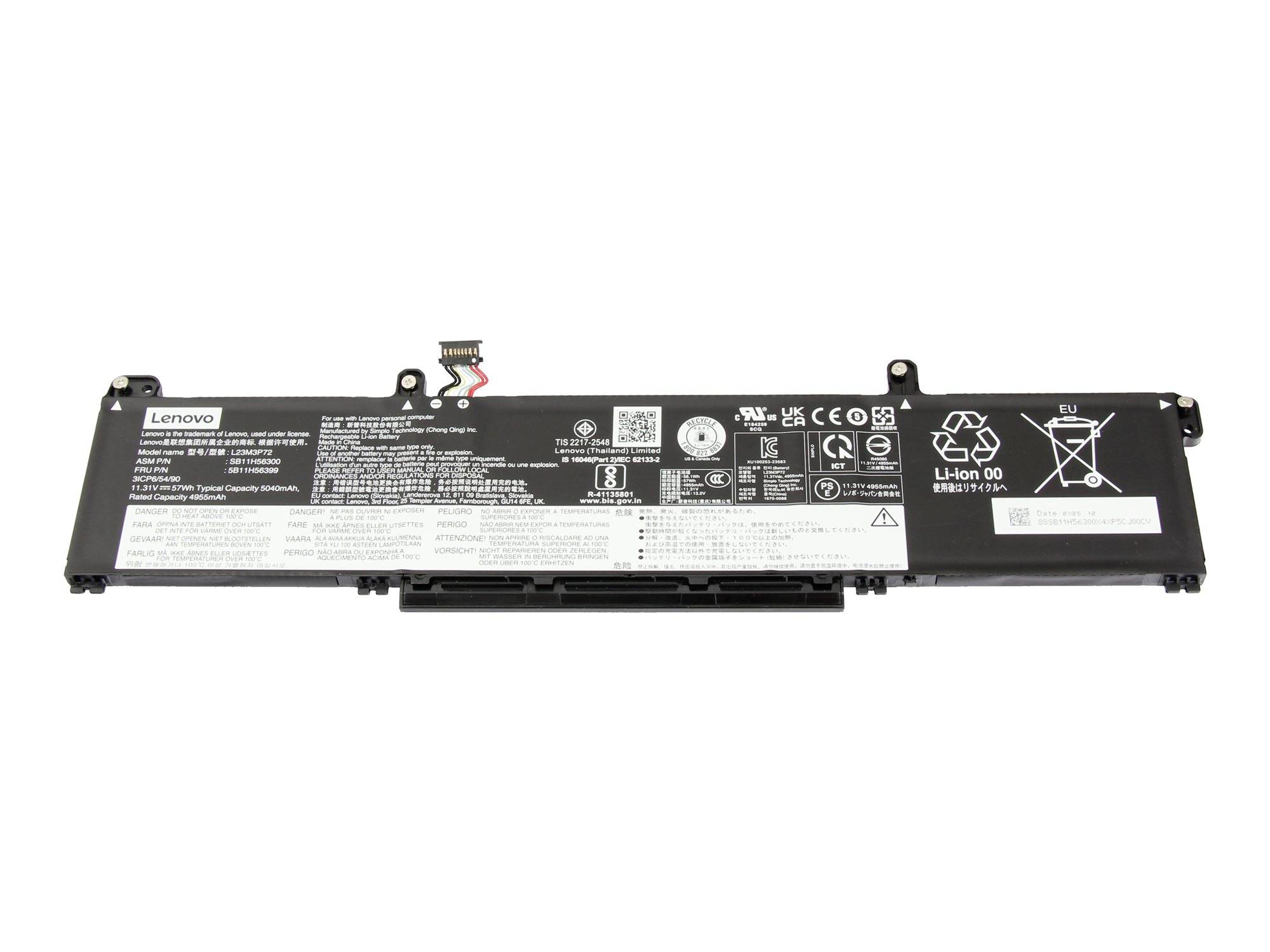 Lenovo-Laptop-Akku von der Seite auf weißem Hintergrund dargestellt, mit sichtbarer Kennzeichnung und Anschluss.