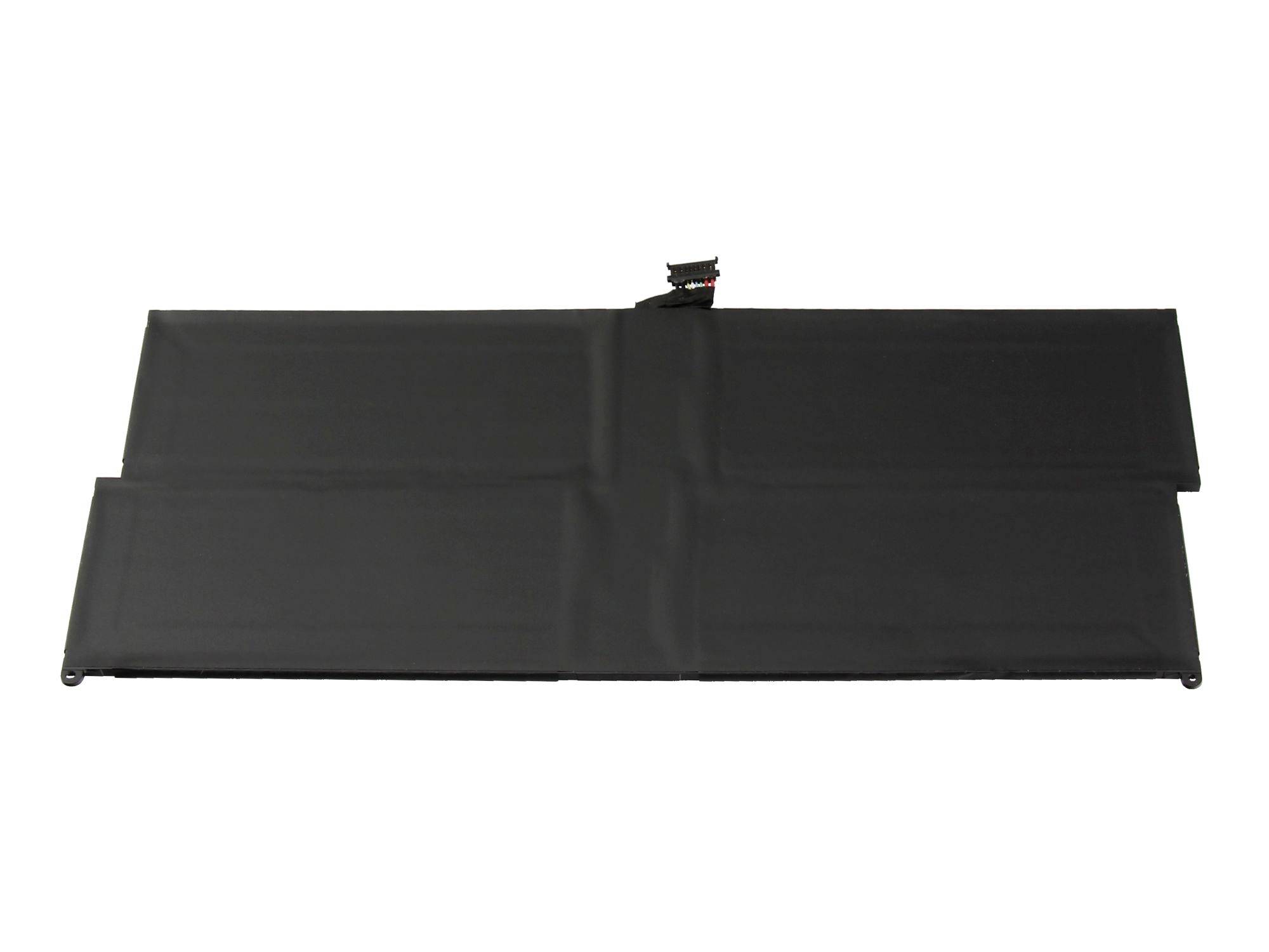 Faltbares schwarzes Solarpanel flach auf weißem Hintergrund liegend, mit einem kleinen Stecker in der Mitte oben.