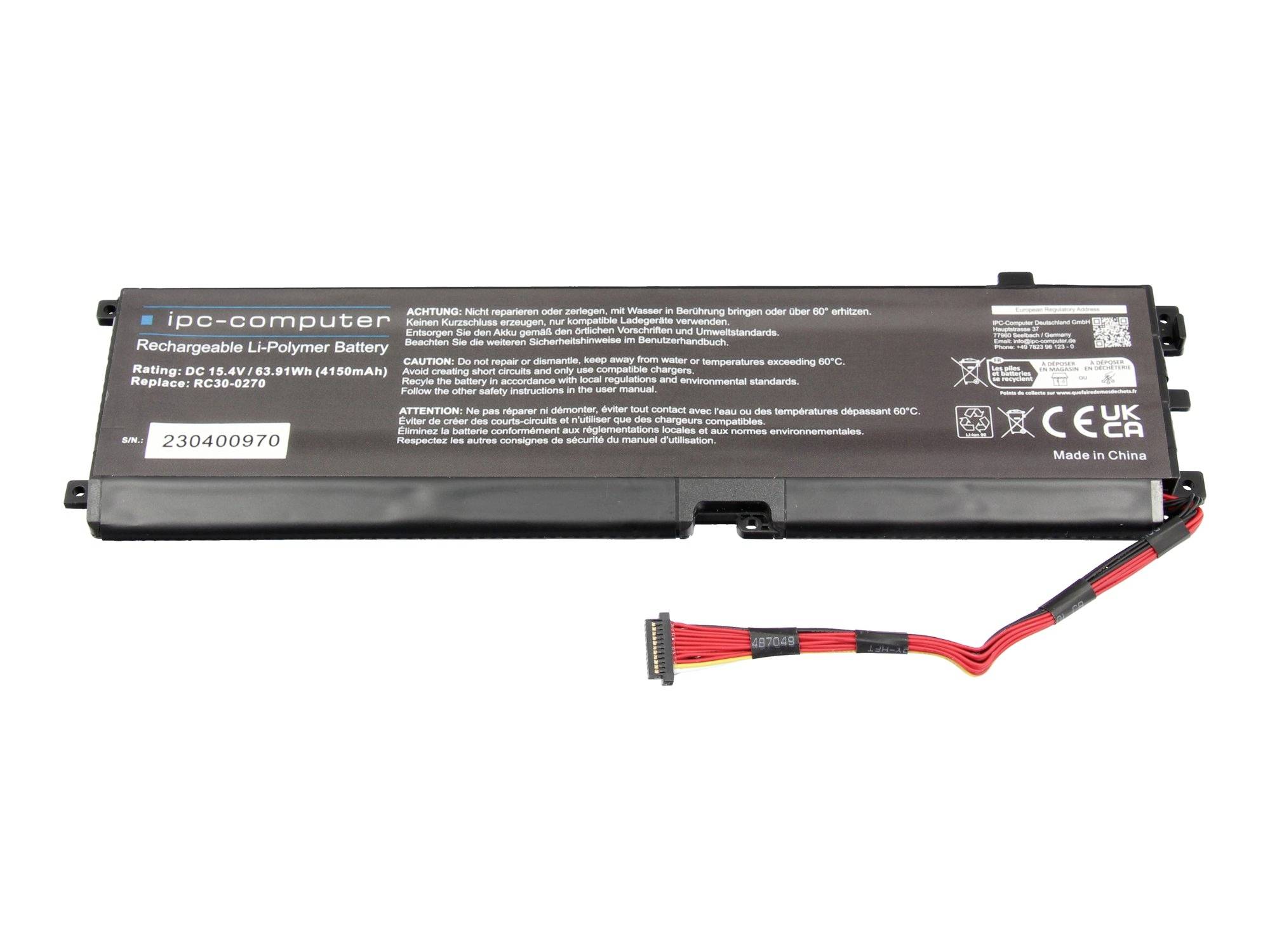 Schwarzes wiederaufladbares Laptop-Akku-Pack mit angebrachtem rot-schwarzem Kabel und Stecker, gekennzeichnet mit „pc-computer