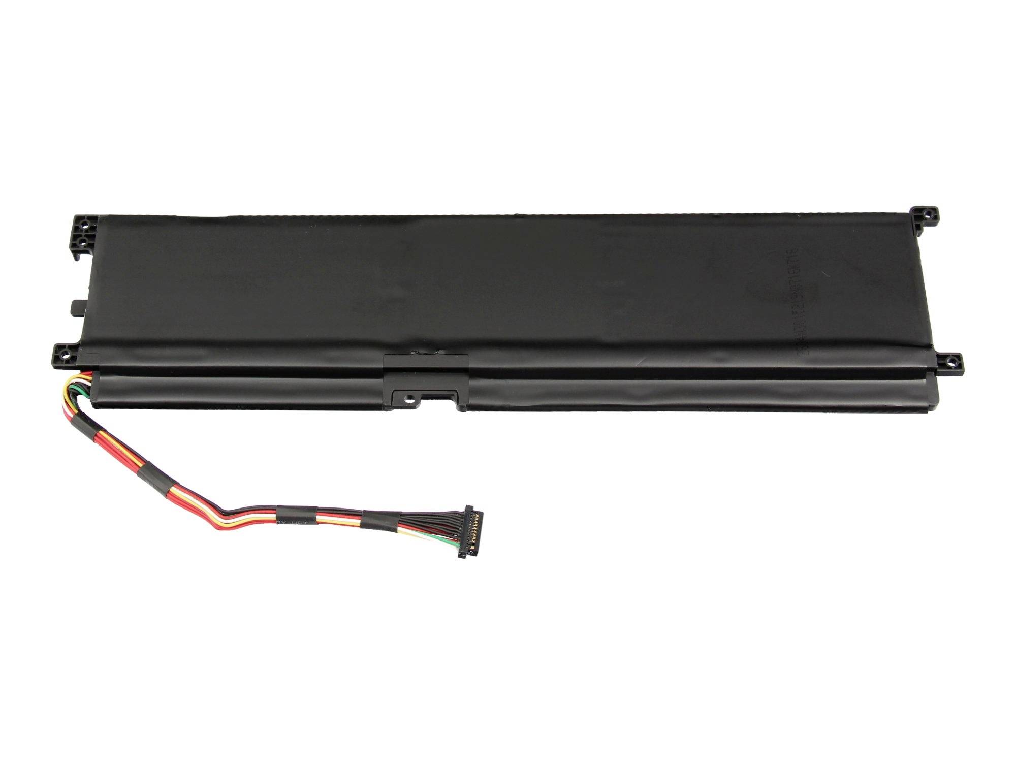 Schwarzer Laptop-Akku mit angeschlossenem Stromkabel und Stecker auf weißem Hintergrund.