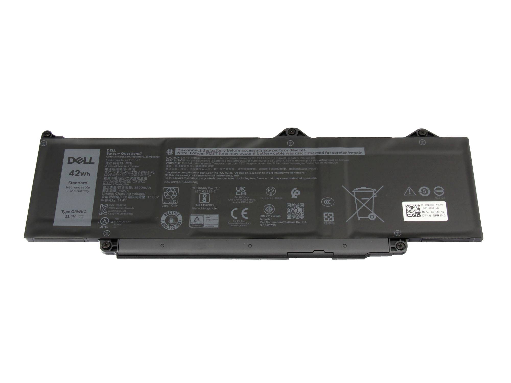 Dell 42-Wh-Laptop-Akku auf weißem Hintergrund mit sichtbaren Produktkennzeichnungen und Warnsymbolen.