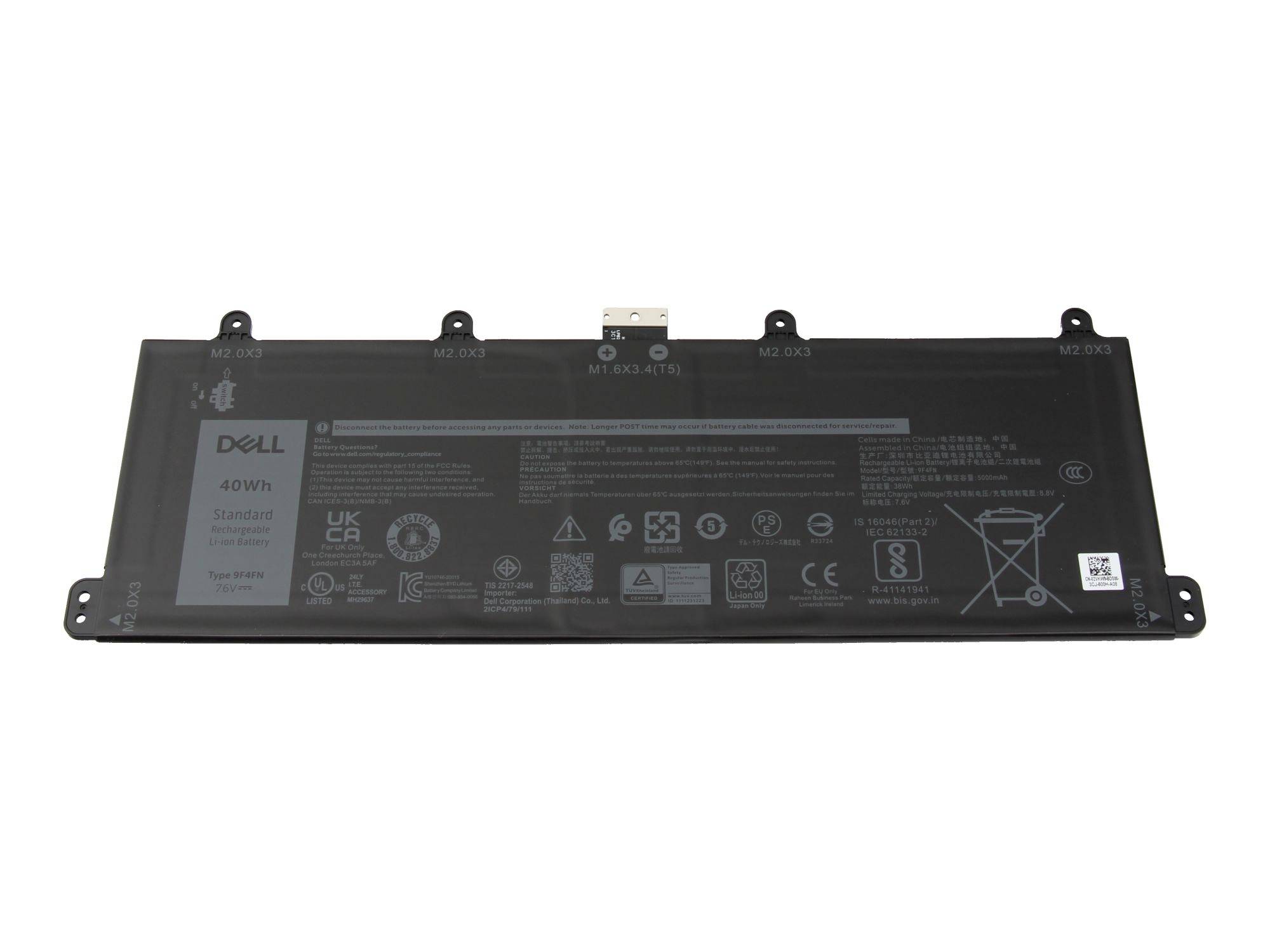 Schwarze Dell 40Wh Laptop-Batterie auf weißem Hintergrund, mit mehreren Befestigungslaschen und aufgedruckten Sicherheitsetiketten.