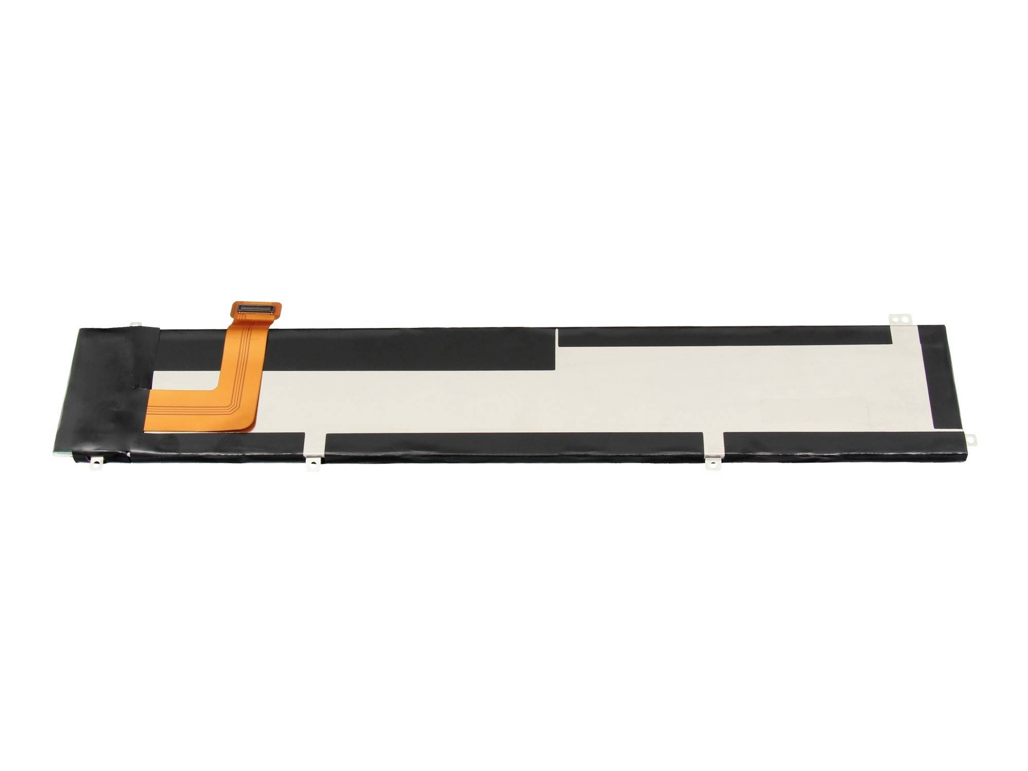 Flaches, flexibles elektronisches Bauteil oder Display-Bandkabel auf weißem Hintergrund mit orange-farbener Steckverbinderzunge auf der linken Seite.