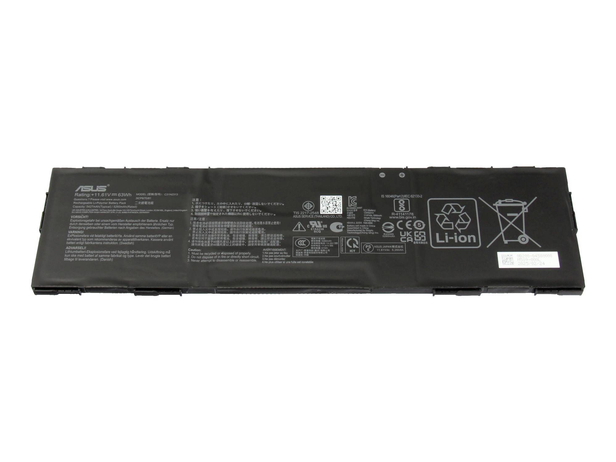 Lange schwarze ASUS-Laptop-Batterie auf weißem Hintergrund, mit Recycling- und Li-Ionen-Warnsymbolen.
