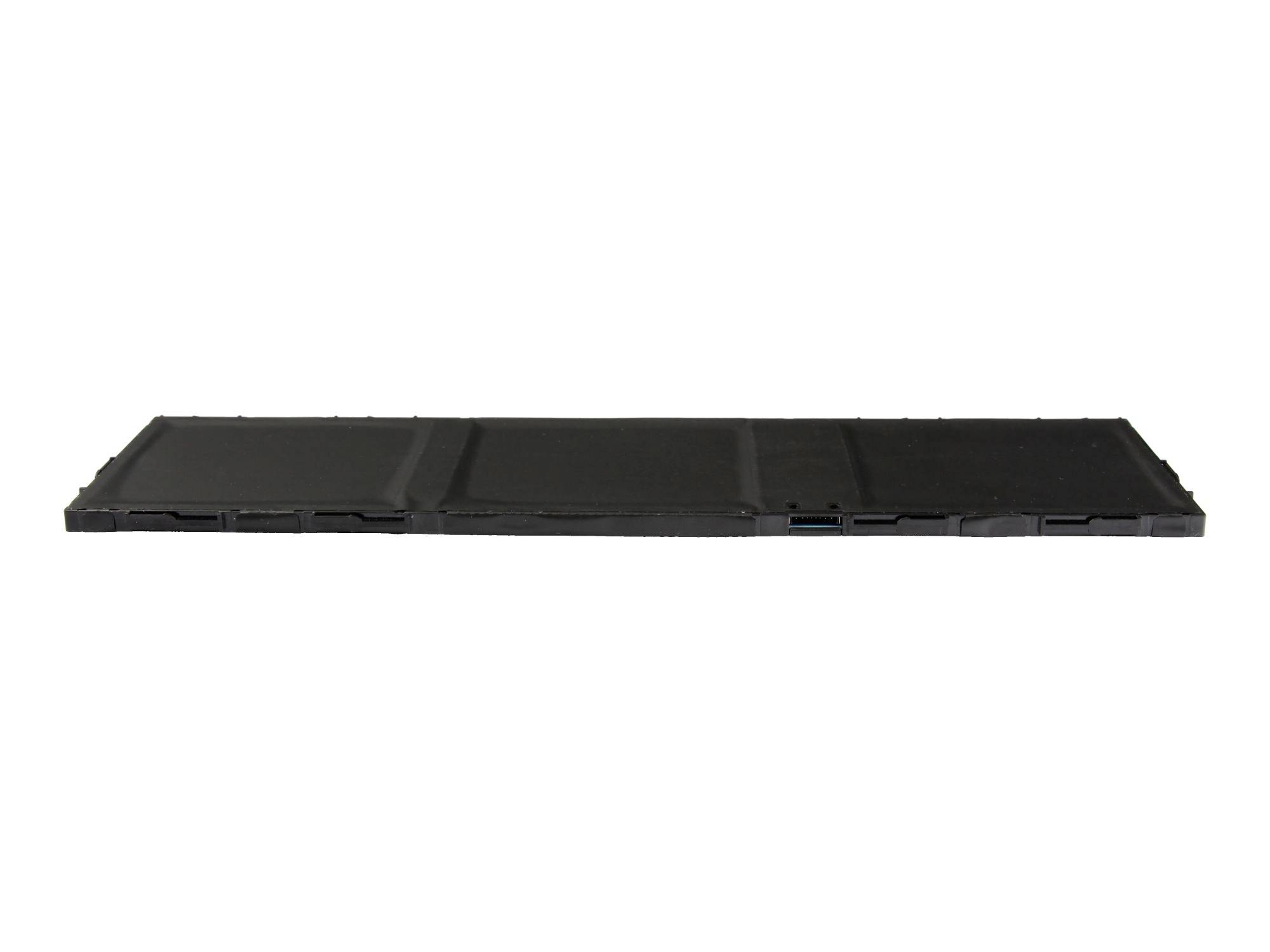Schwarzes rechteckiges Laptop-Akku-Pack, horizontal auf weißem Hintergrund gezeigt.