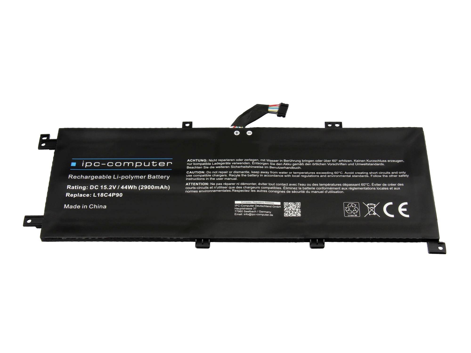 Schwarzes IPC-Computer-Akku-Lithium-Polymer-Akkupack mit angebrachtem Stecker und gedruckten Spezifikationen.