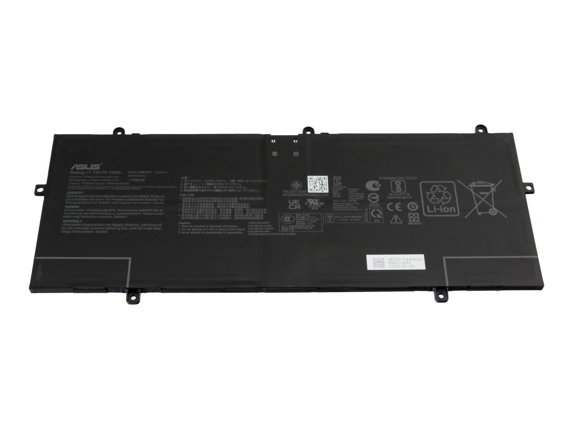 Schwarzer ASUS-Laptop-Akku von vorne gezeigt, mit aufgedruckten Etiketten und Warnsymbolen auf weißem Hintergrund.