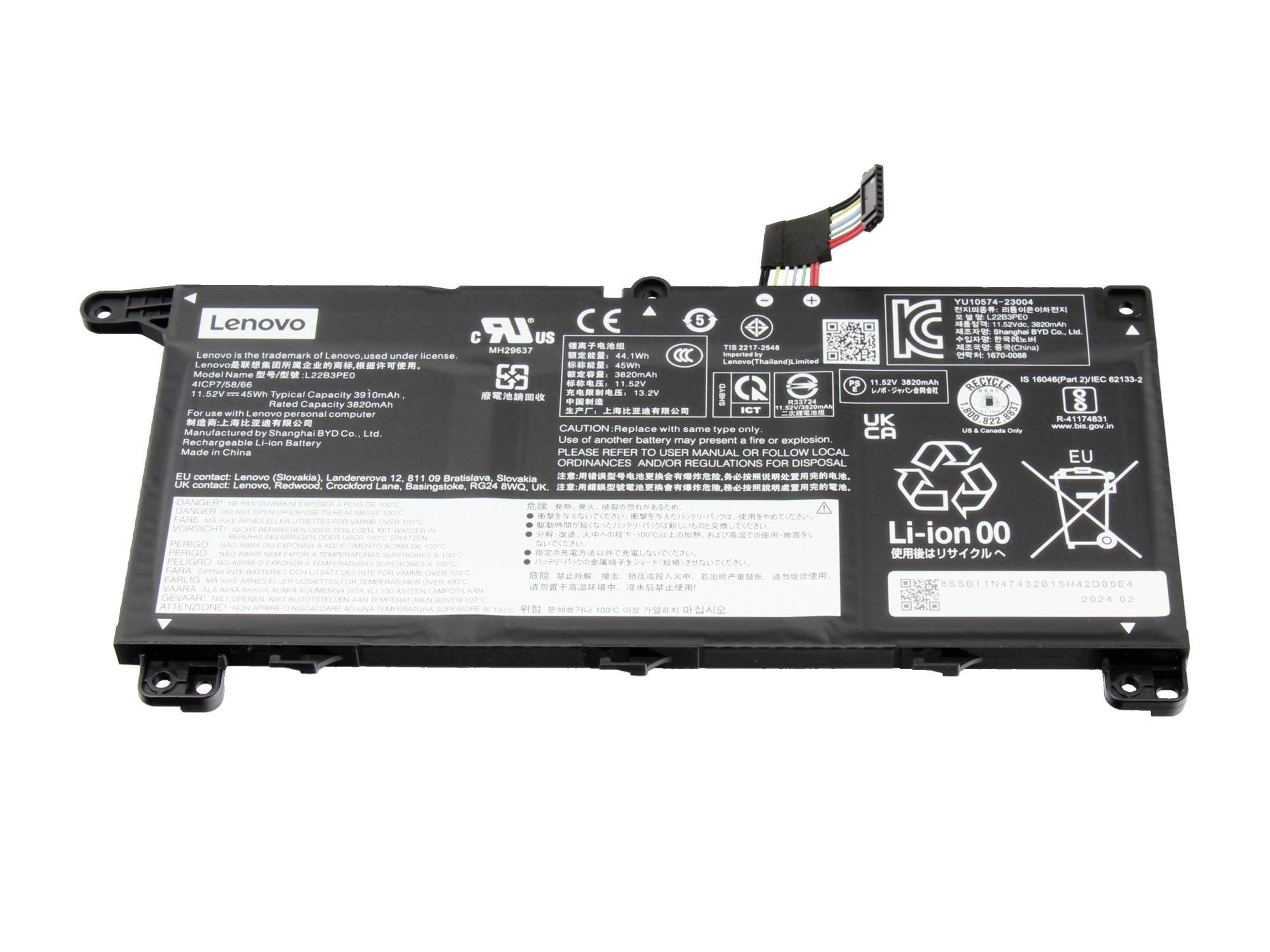 Lenovo-Laptop-Akku mit angebrachtem Stromstecker und Sicherheitsetiketten vor weißem Hintergrund.