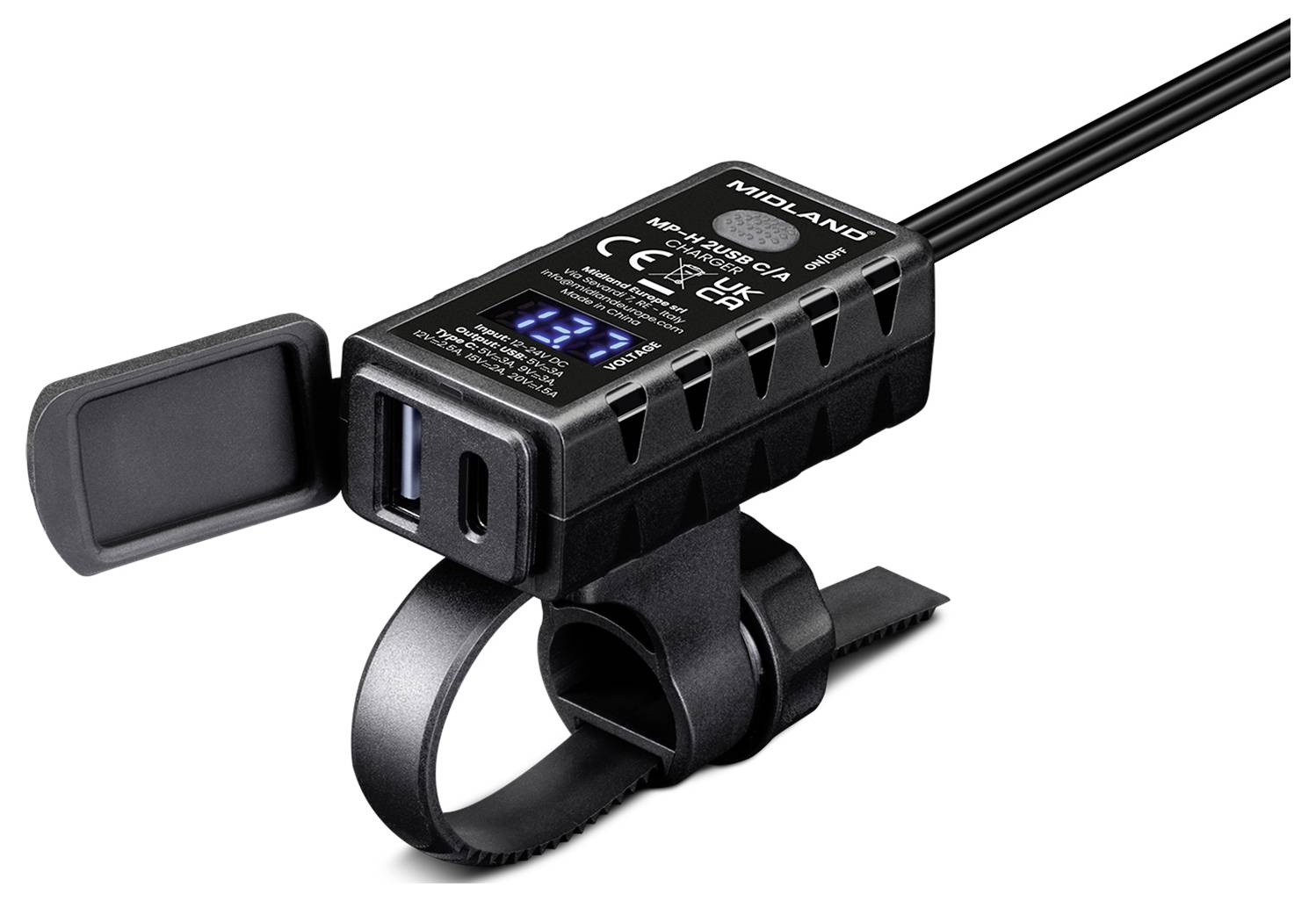 Schwarzer Midland-Inline-Stromadapter mit Kabel, digitaler Spannungsanzeige und Riemenhalterung auf weißem Hintergrund.