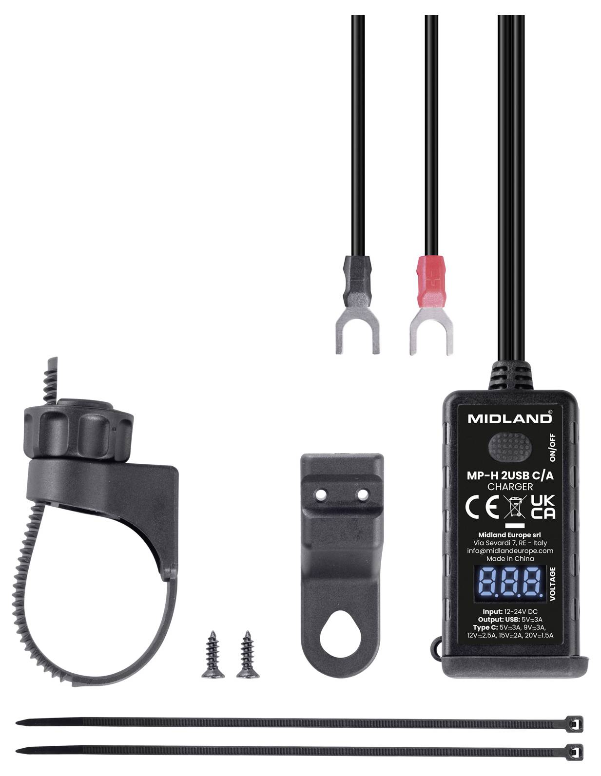 Midland MH-H2 USB C/A Ladegerät-Set mit Stromkabel, Batterieclip, Montageklammer, Schrauben und Kabelbindern, gezeigt als enthaltenes Zubehör.