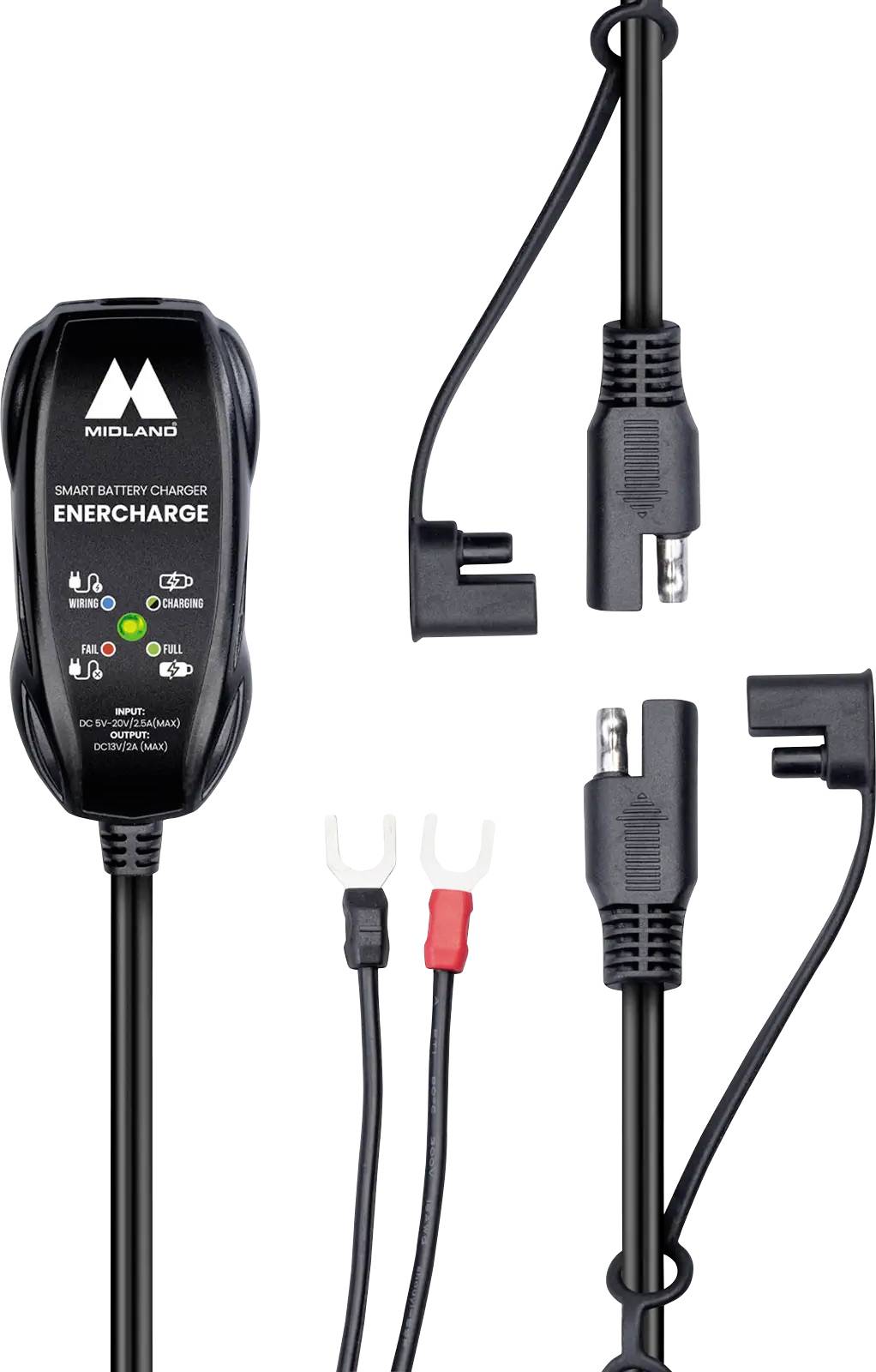 Midland ENERCHARGE intelligentes Batterieladegerät mit angebrachtem Netzkabel und austauschbaren Anschlussclips für Autobatterien.
