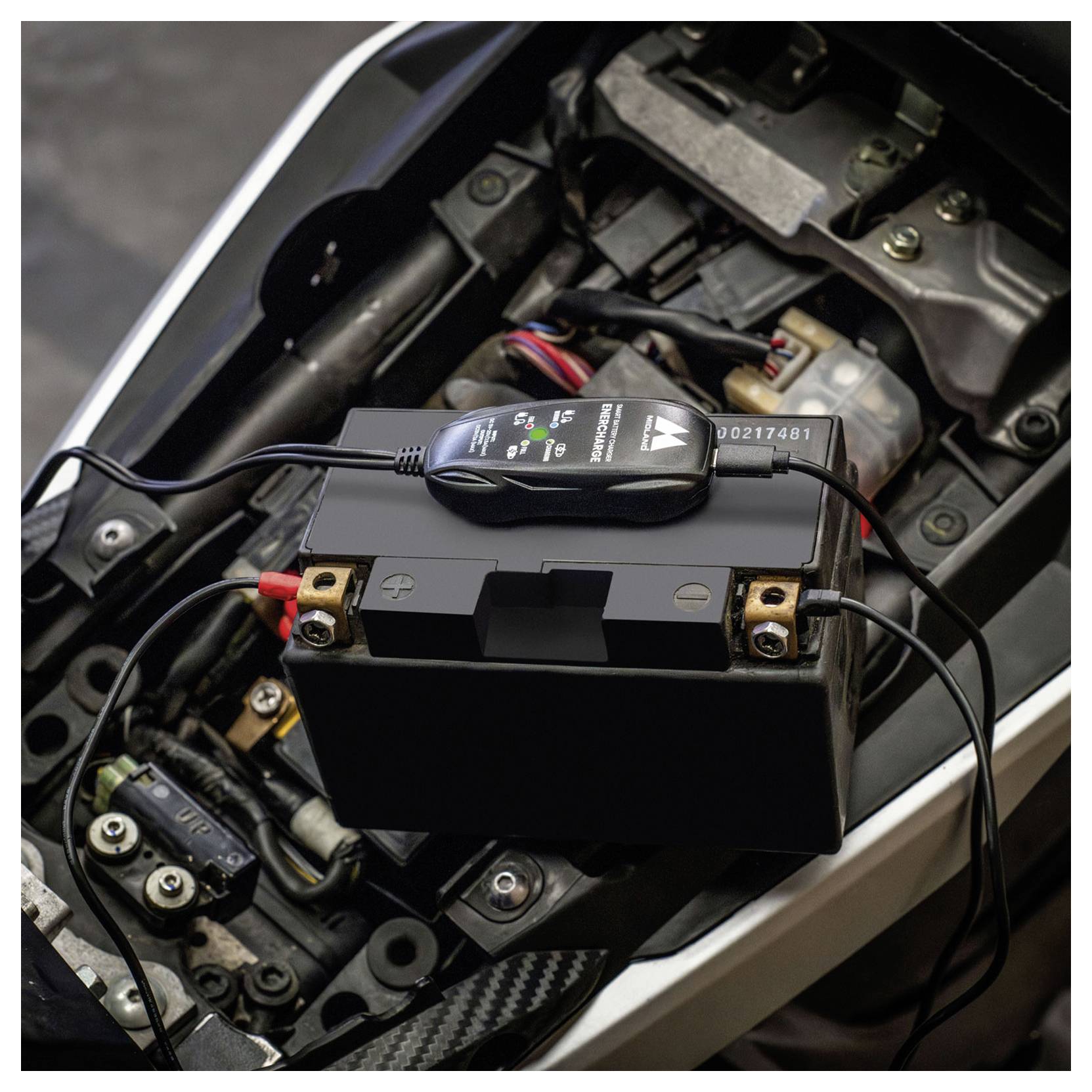 Motorradbatterie wird mit einem kleinen intelligenten Ladegerät aufgeladen, Kabel sind an den Anschlüssen im Inneren der Motorradkarosserie angebracht.