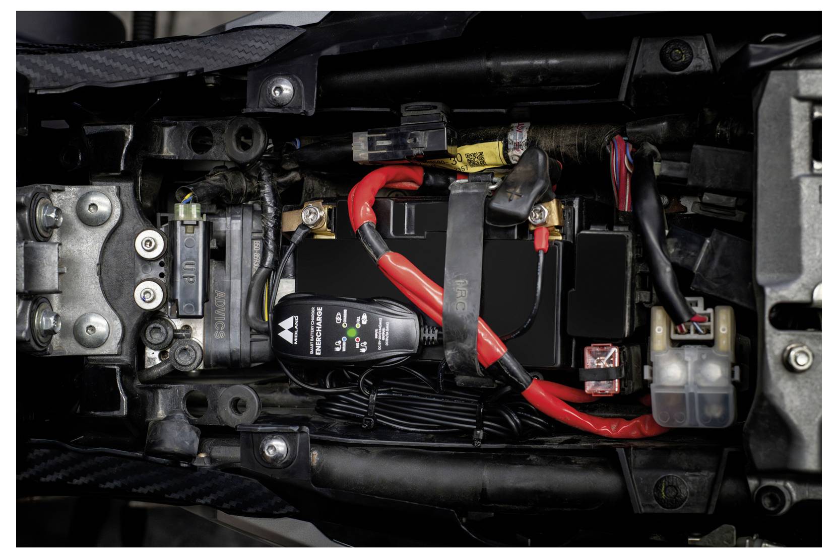 Nahaufnahme eines Fahrzeugbatteriefachs mit roten und schwarzen Kabeln, Sicherungen und elektrischen Steckverbindungen.